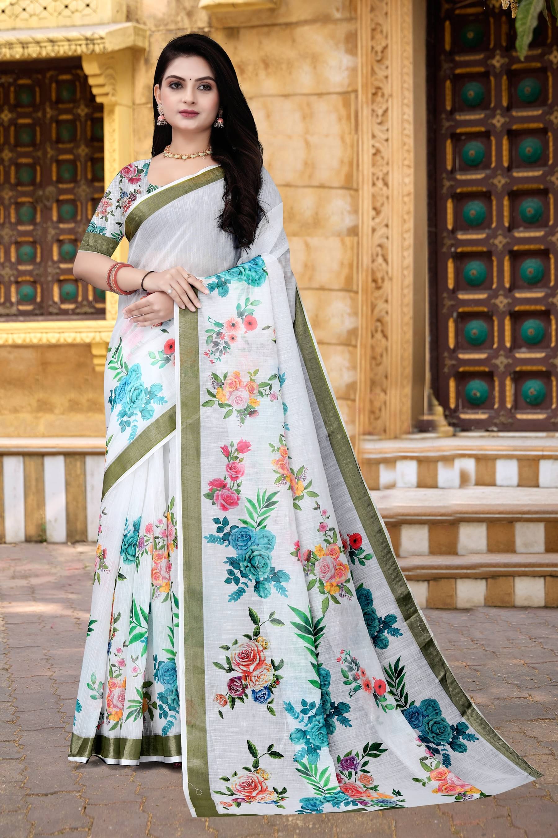     			Grubstaker Linen Printed Saree With Unstitched Blouse Piece ( Multicolor 9 )