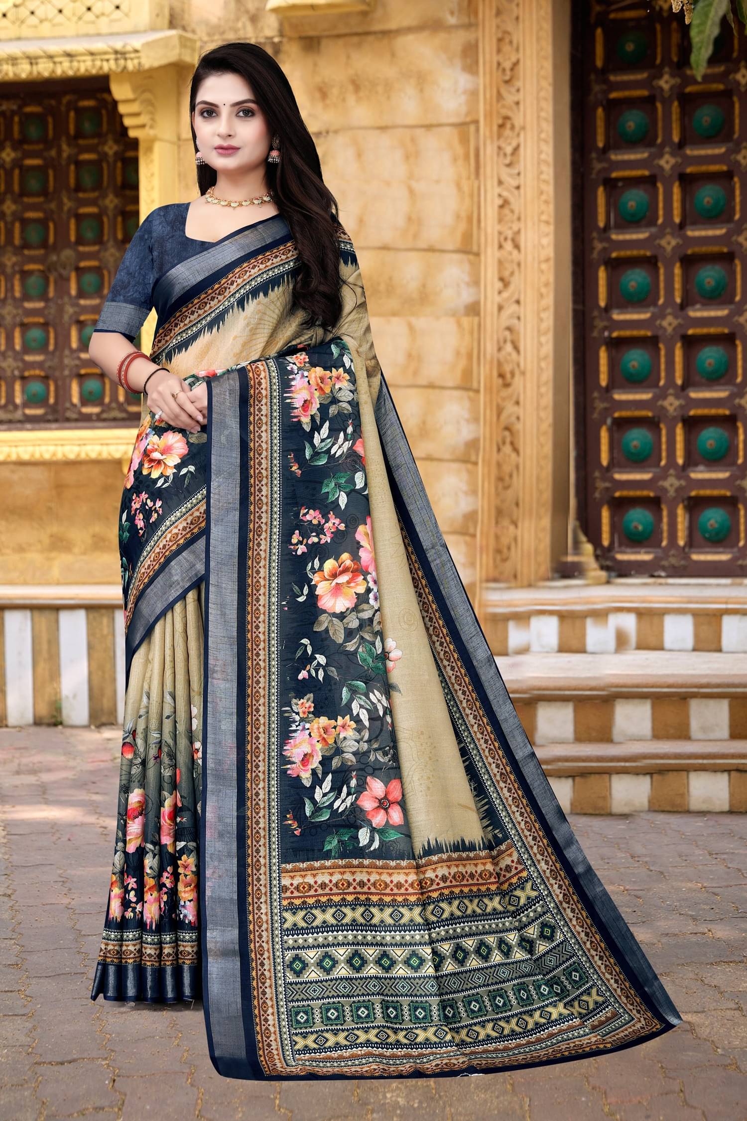 Grubstaker Linen Printed Saree With Unstitched Blouse Piece ( Multicolor 7 ) Grubstaker Linen Printed Saree With Unstitched Blouse Piece ( Multicolor 7 )