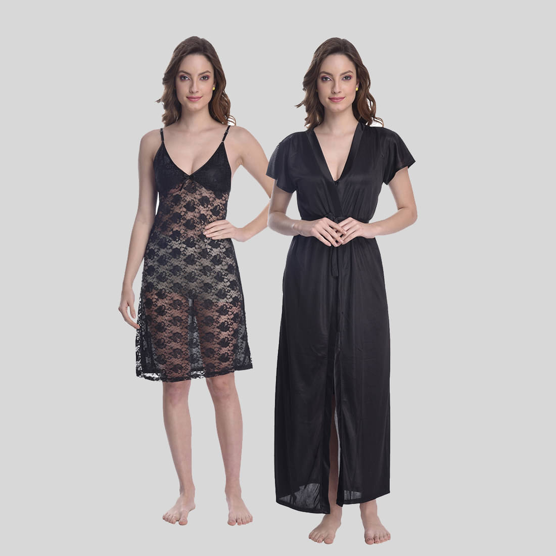     			Gutthi Black Satin Women's Nightwear Robes ( Pack of 2 )