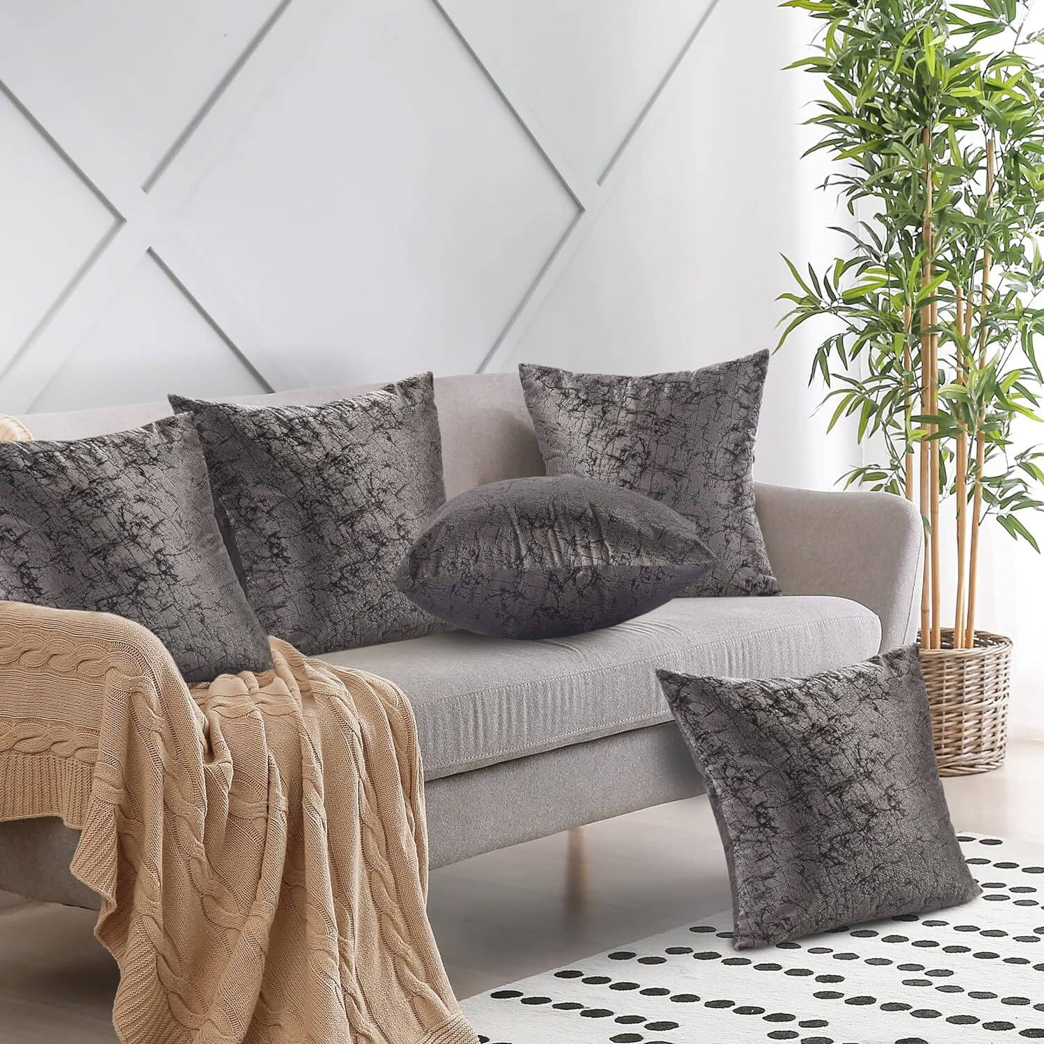 HudHud Furnishings Set of 5 Velvet Abstract Square Cushion Cover (40X40)cm - Gray HudHud Furnishings Set of 5 Velvet Abstract Square Cushion Cover (40X40)cm - Gray