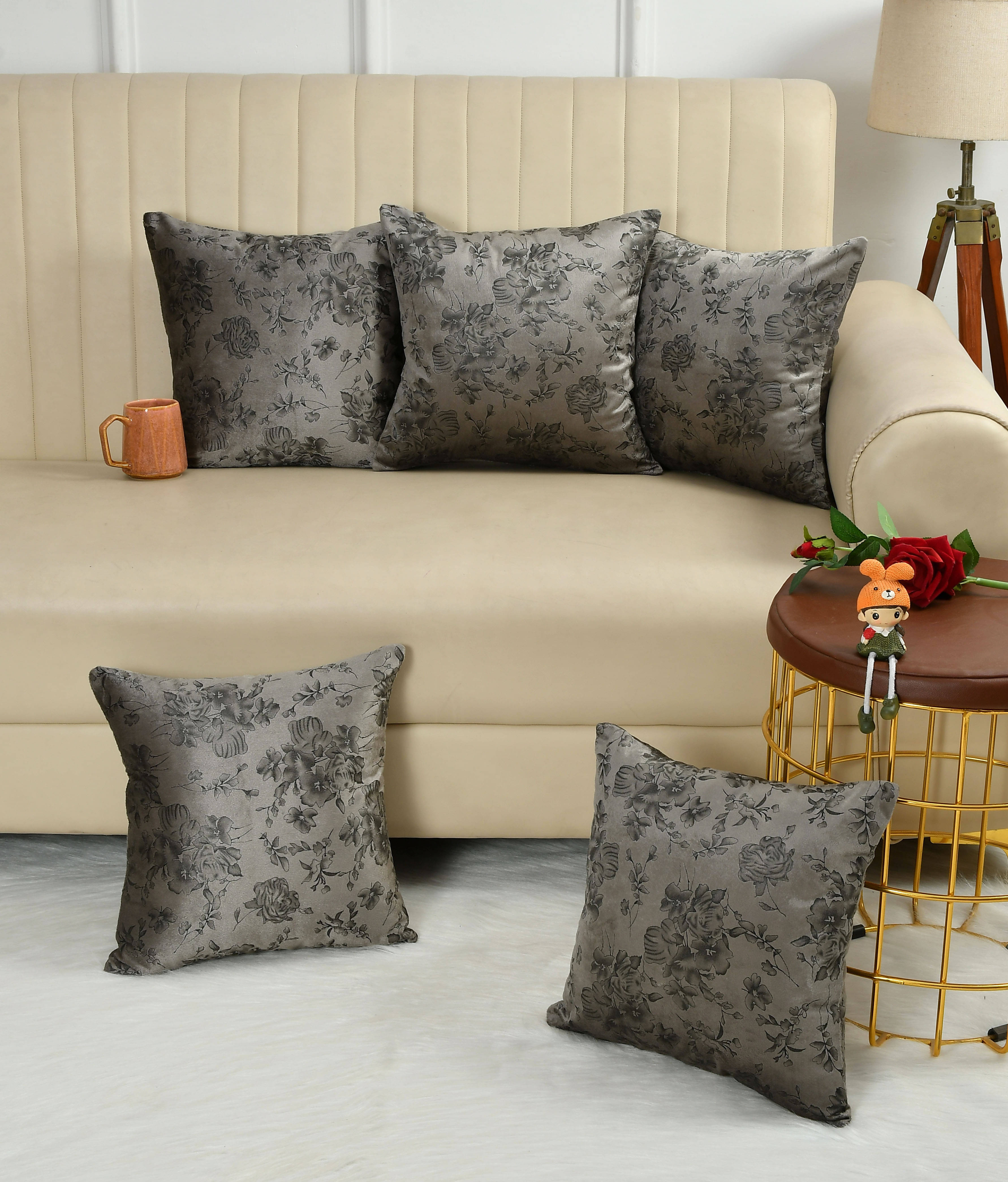     			HudHud Furnishings Set of 5 Velvet Floral Square Cushion Cover (40X40)cm - Gray