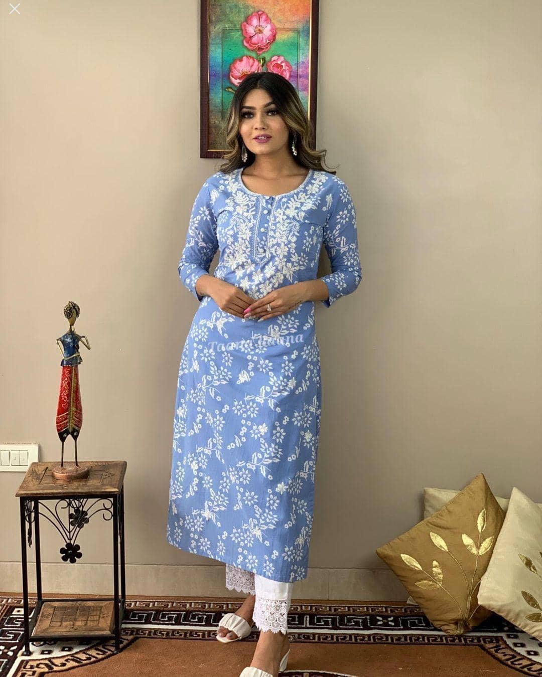 Kurta set with palazzos Women Printed Kurta With Trousers Co-Ord Set ( Blue )
