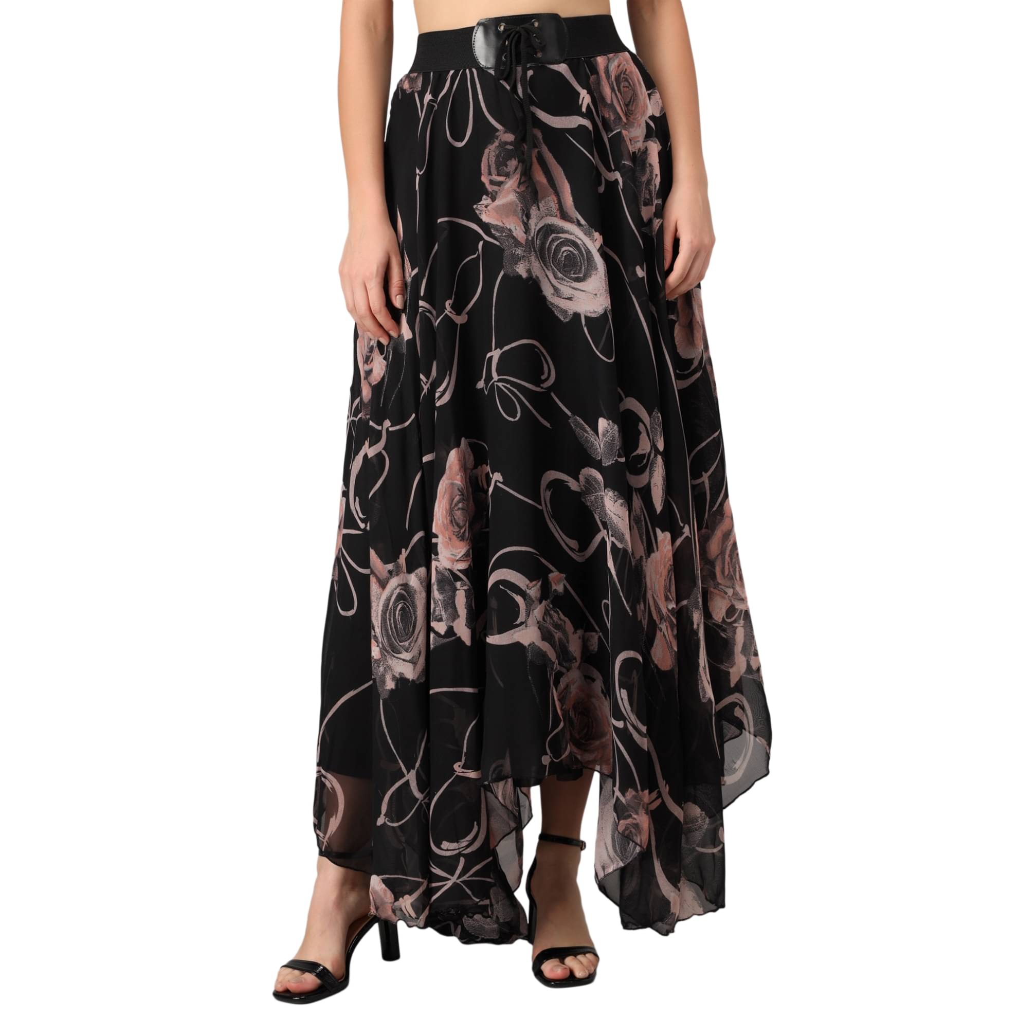 Raabta Fashion Black Georgette Women's Flared Skirt ( Pack of 1 )     			Raabta Fashion Black Georgette Women's Flared Skirt ( Pack of 1 )