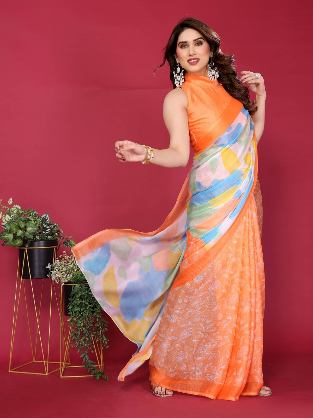     			SARIK  FASHION Chiffon Printed Saree With Unstitched Blouse Piece ( Orange )