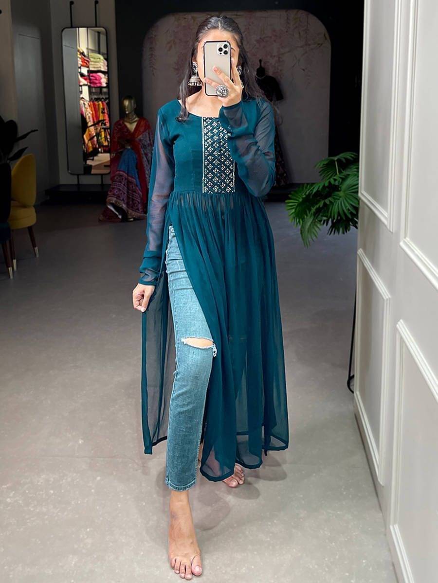     			Shree Aksharam Trends Pack of 1 Georgette Embroidered Straight Women's Kurti - ( Teal )