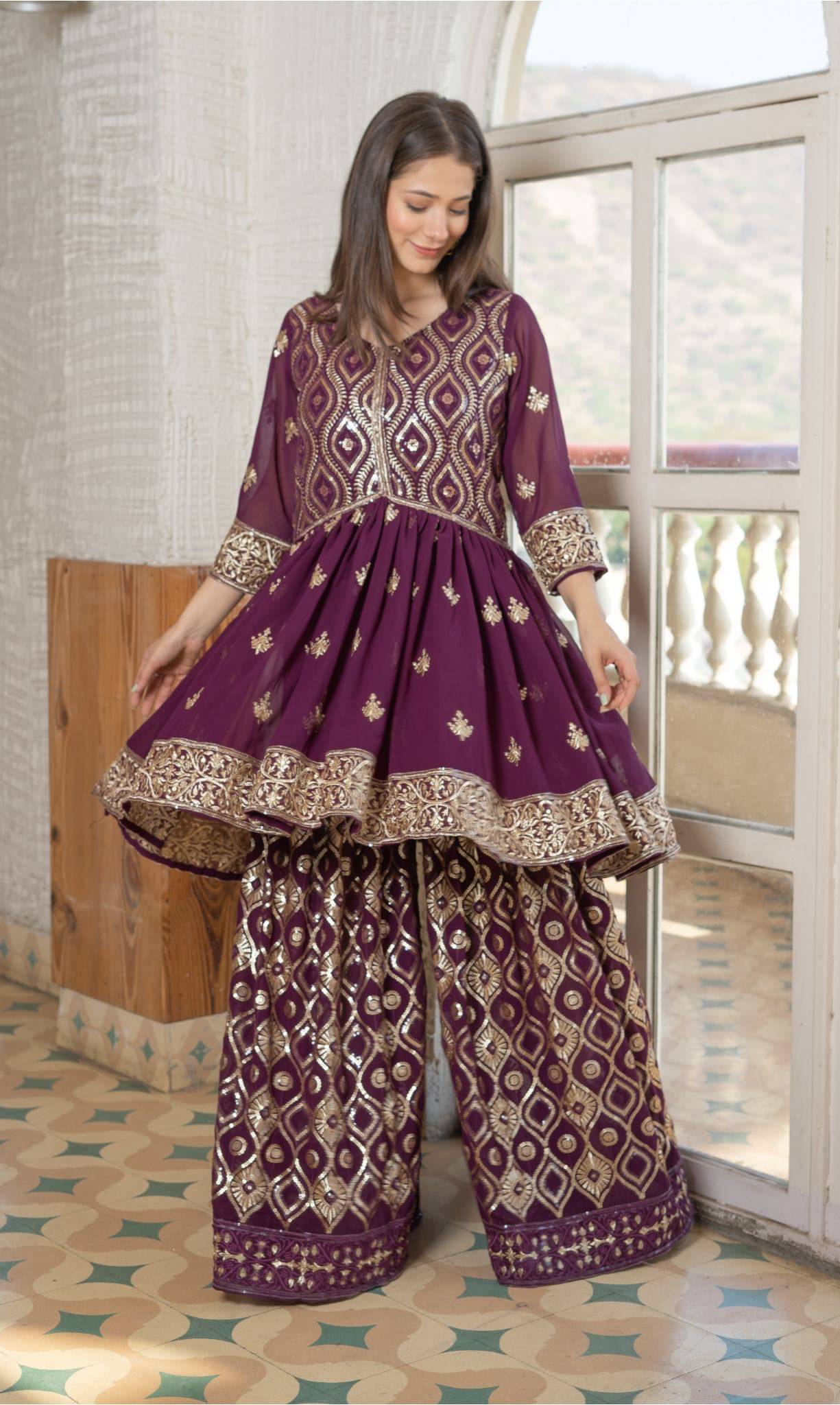 Sitaram Designer Georgette Printed Kurti With Palazzo Women's Stitched Salwar Suit - Wine ( Pack of 1 ) Sitaram Designer Georgette Printed Kurti With Palazzo Women's Stitched Salwar Suit - Wine ( Pack of 1 )