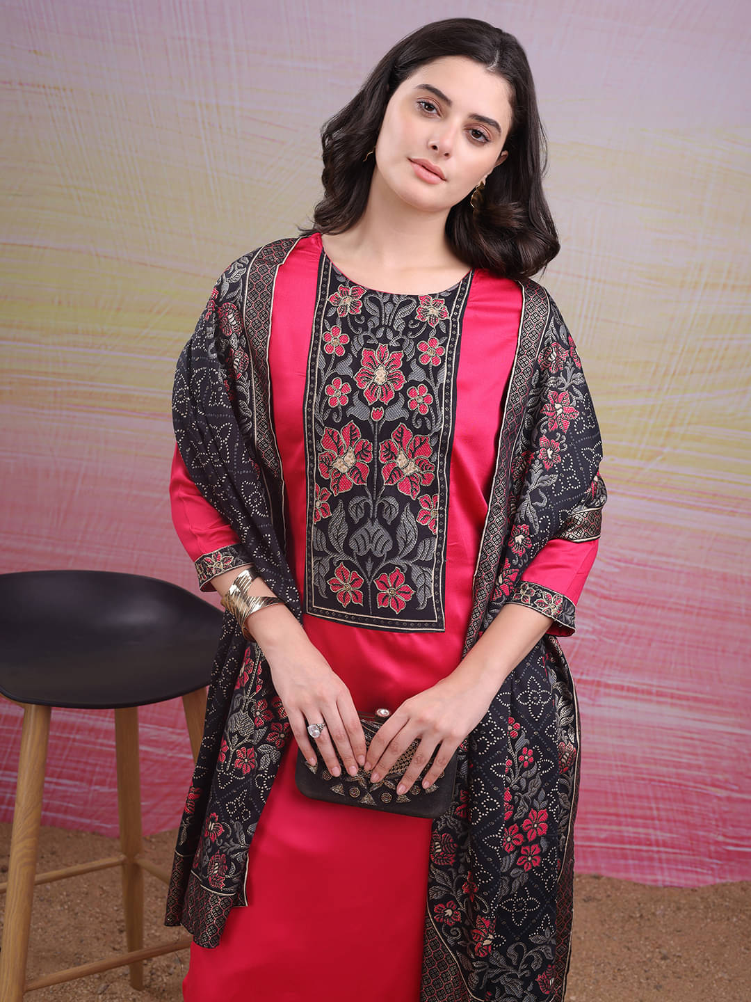     			Sitaram Designer Rayon Printed Kurti With Palazzo Women's Stitched Salwar Suit - Pink ( Pack of 1 )