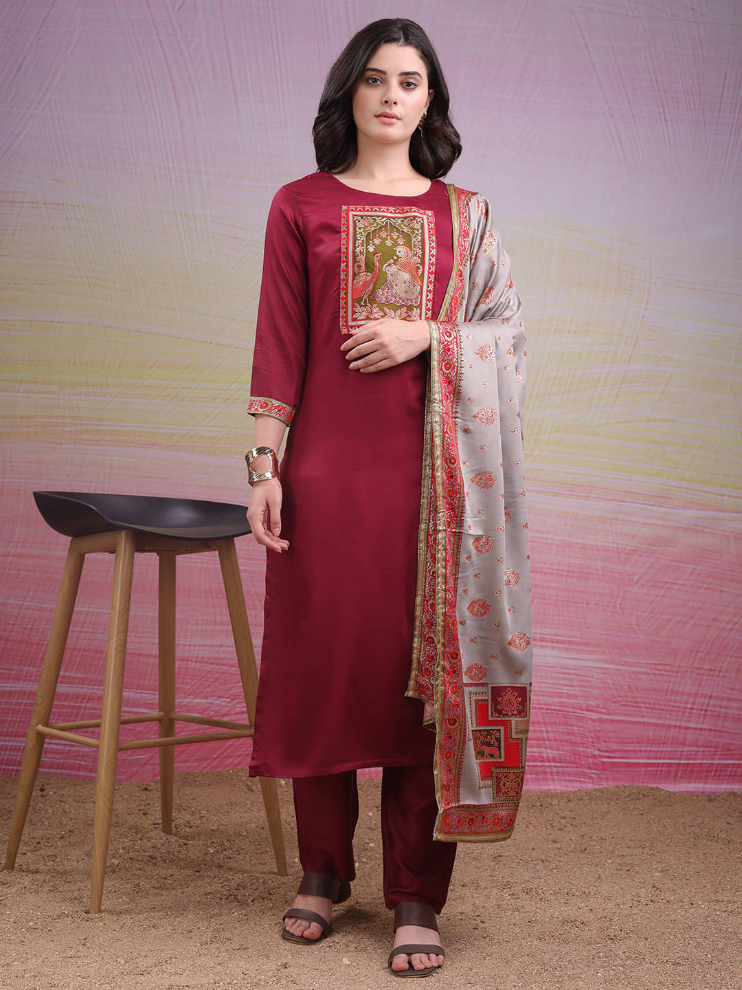     			Sitaram Designer Viscose Embellished Kurti With Pants Women's Stitched Salwar Suit - Wine ( Pack of 1 )