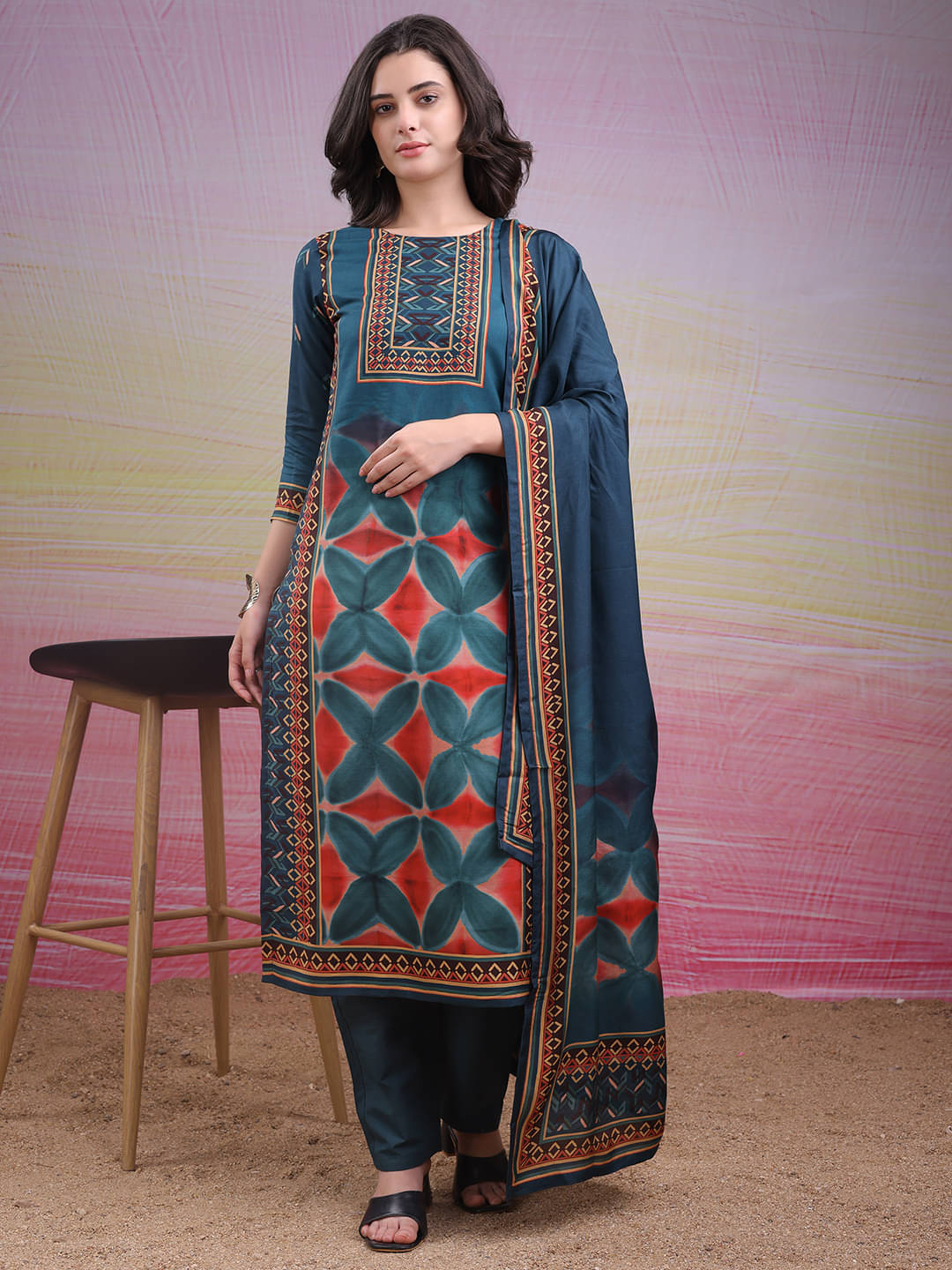     			Sitaram Designer Viscose Printed Kurti With Pants Women's Stitched Salwar Suit - Blue ( Pack of 1 )