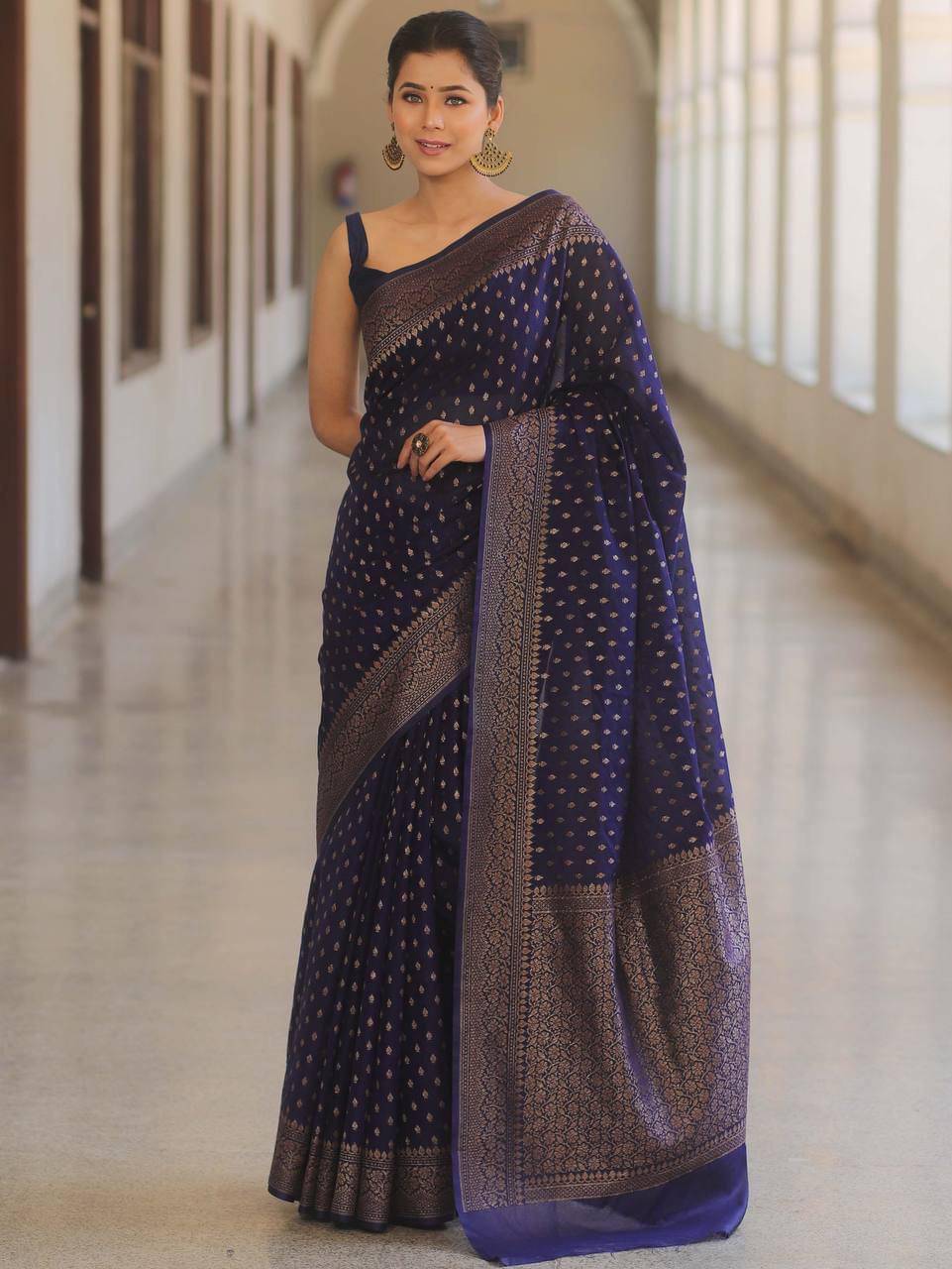 TARTAM Banarasi Silk Striped Saree With Unstitched Blouse Piece ( Blue ) TARTAM Banarasi Silk Striped Saree With Unstitched Blouse Piece ( Blue )