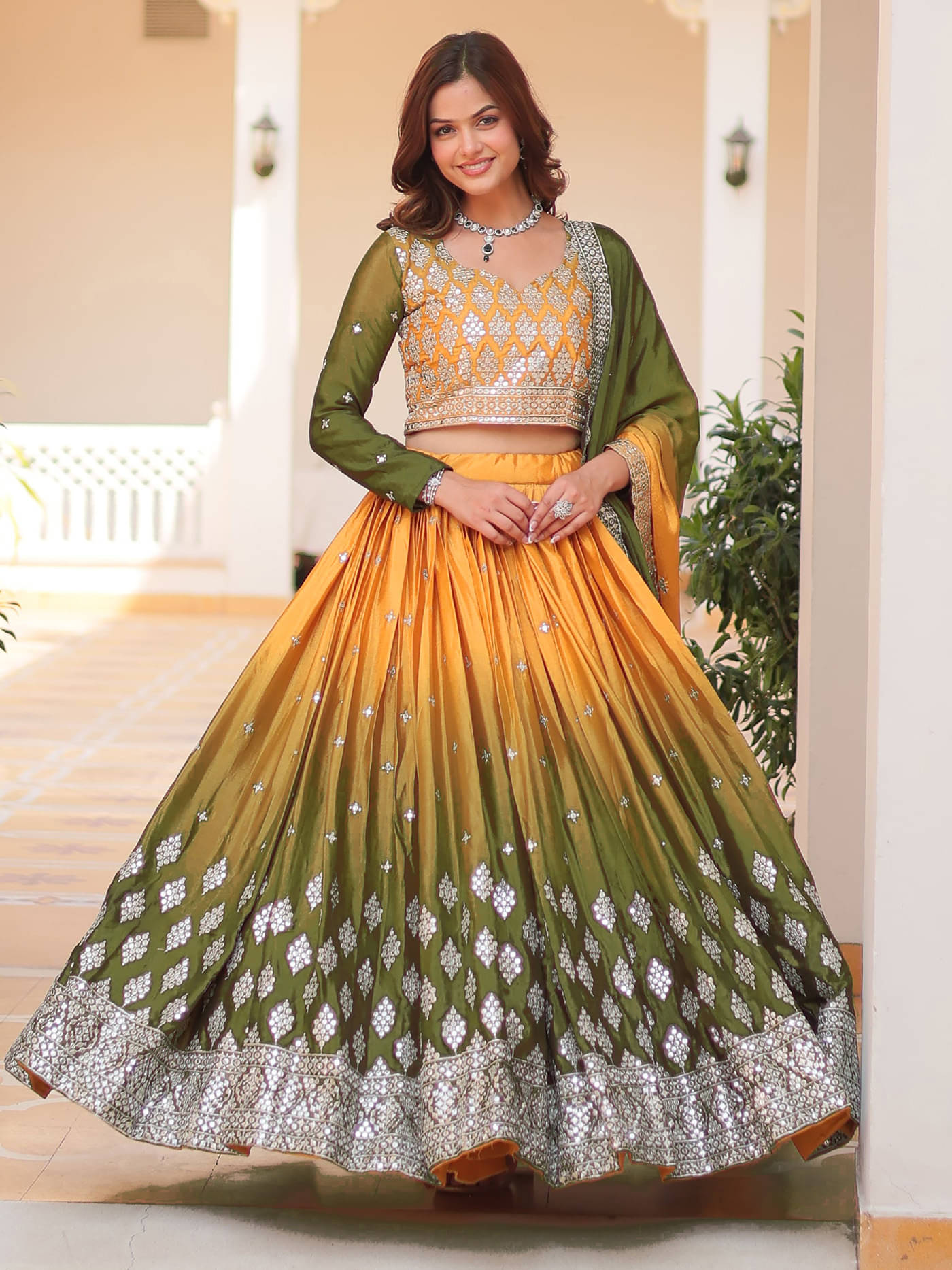 Trijal Fab Green Chiffon Circular Semi Stitched Lehenga Single Trijal Fab Green Chiffon Circular Semi Stitched Lehenga Single