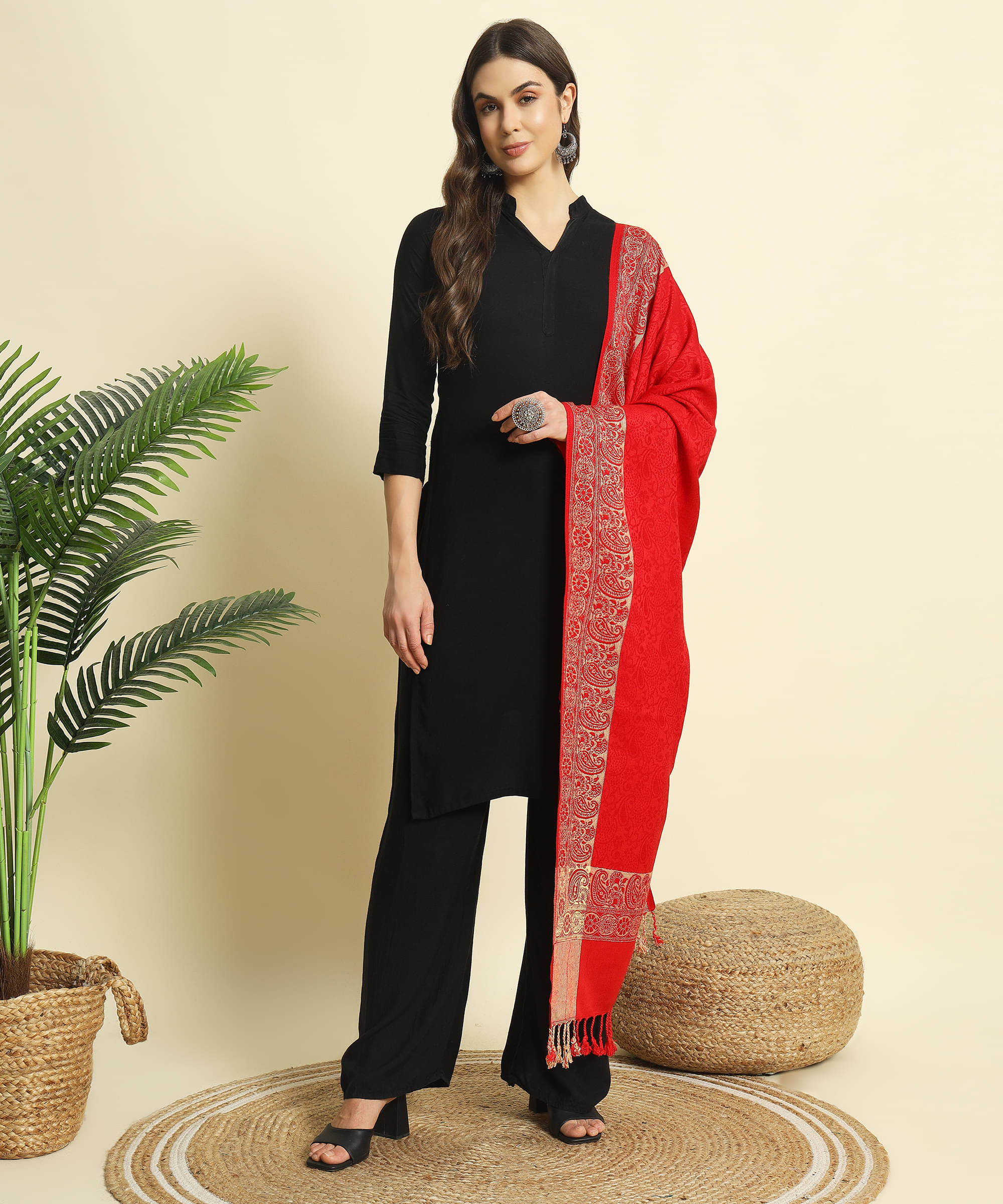     			ZEPPI Red Self Design Shawl - ( Pack of 1 )