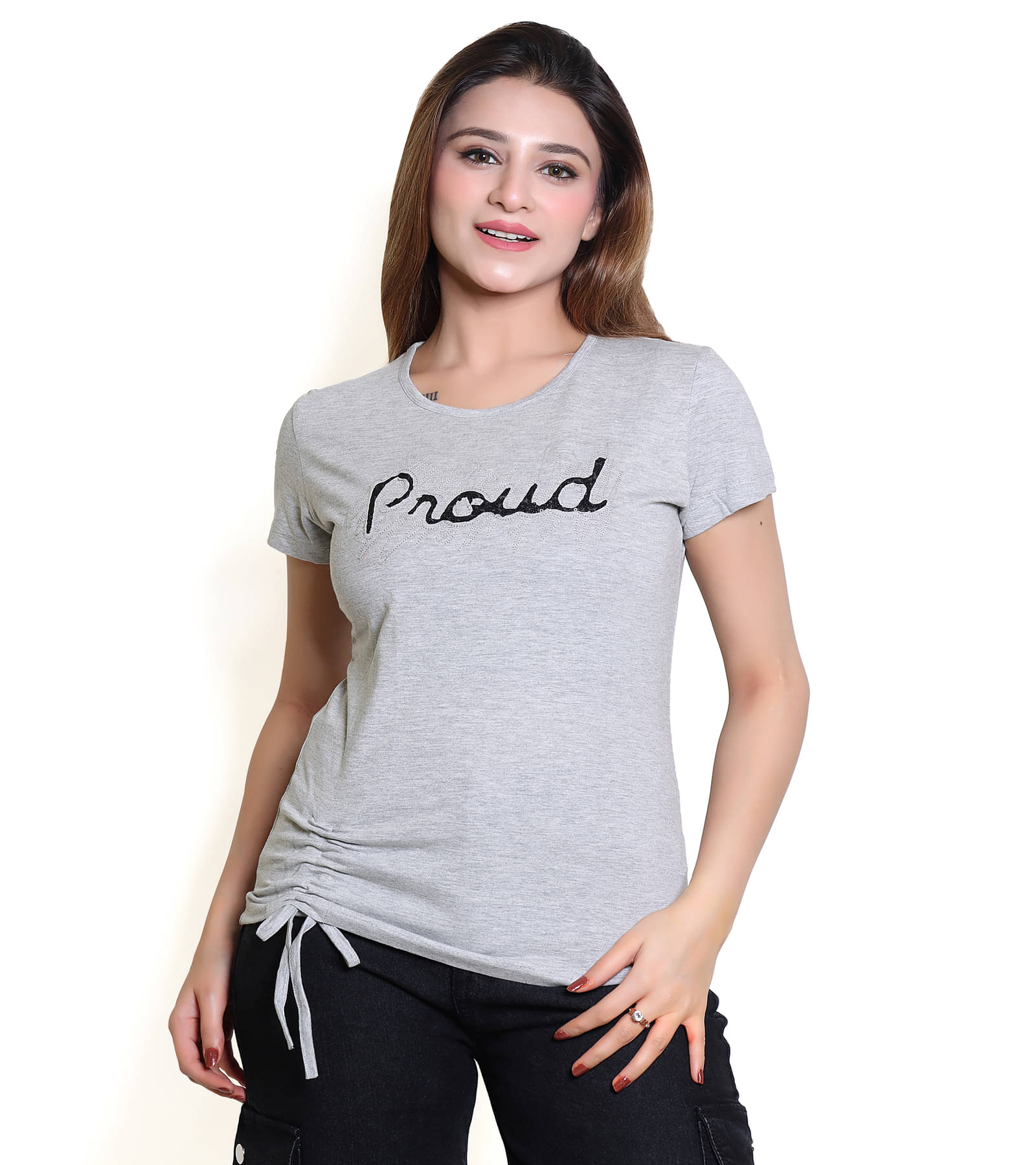     			lahazat apparels Women's Regular Printed Round Neck Cotton T-Shirt ( Grey , Pack of 1 )