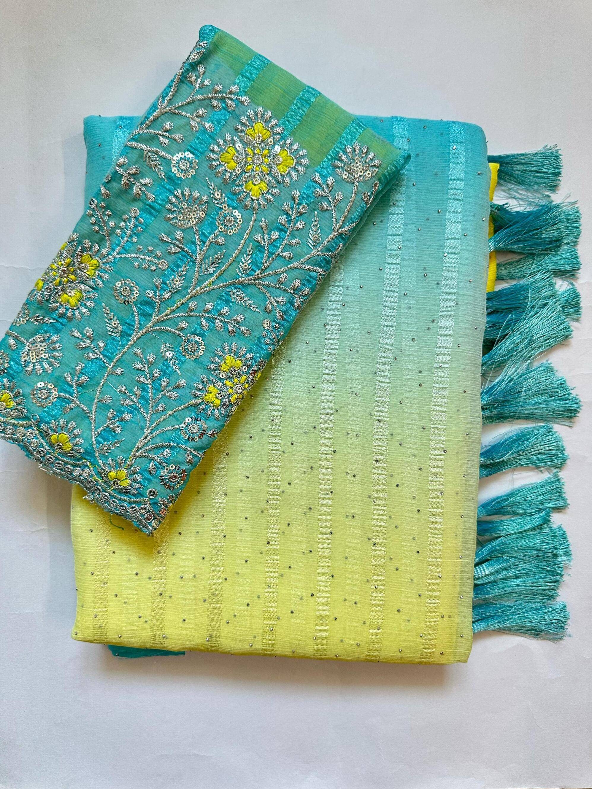     			AB Silk Georgette Embellished Regular Saree With Unstitched Blouse Piece ( Yellow )