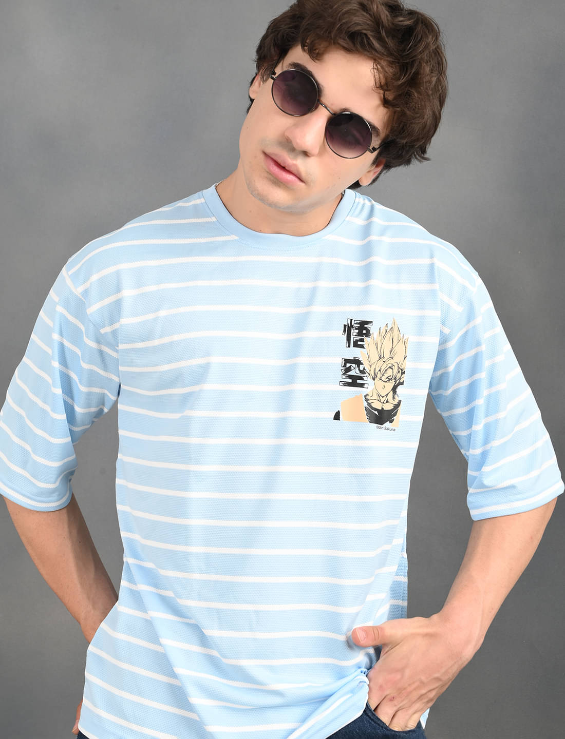     			BLUE ARC Men Polyester Oversized Fit Striped T-Shirt ( Sky Blue )