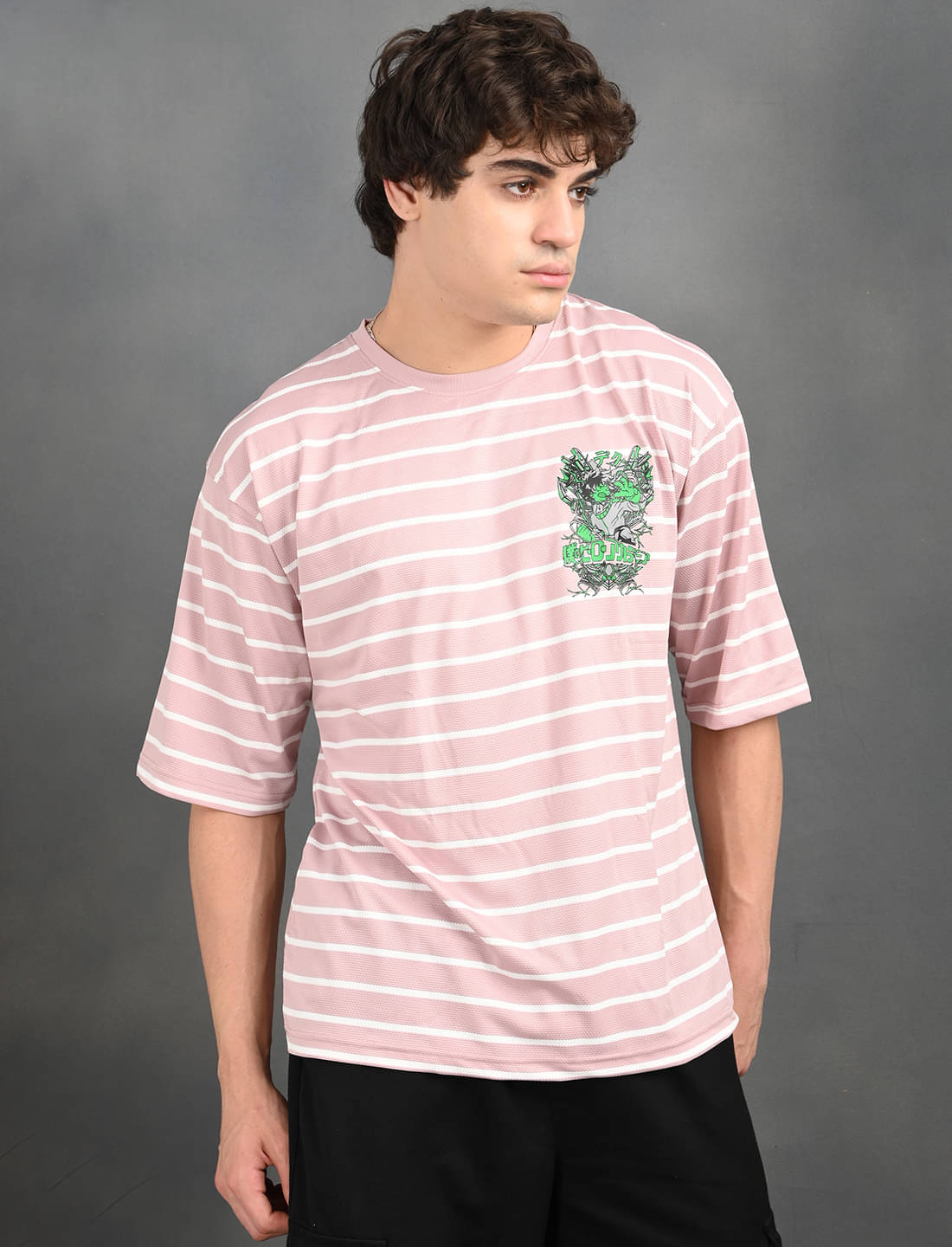 BLUE ARC Men Polyester Oversized Fit Striped T-Shirt ( Pink ) BLUE ARC Men Polyester Oversized Fit Striped T-Shirt ( Pink )