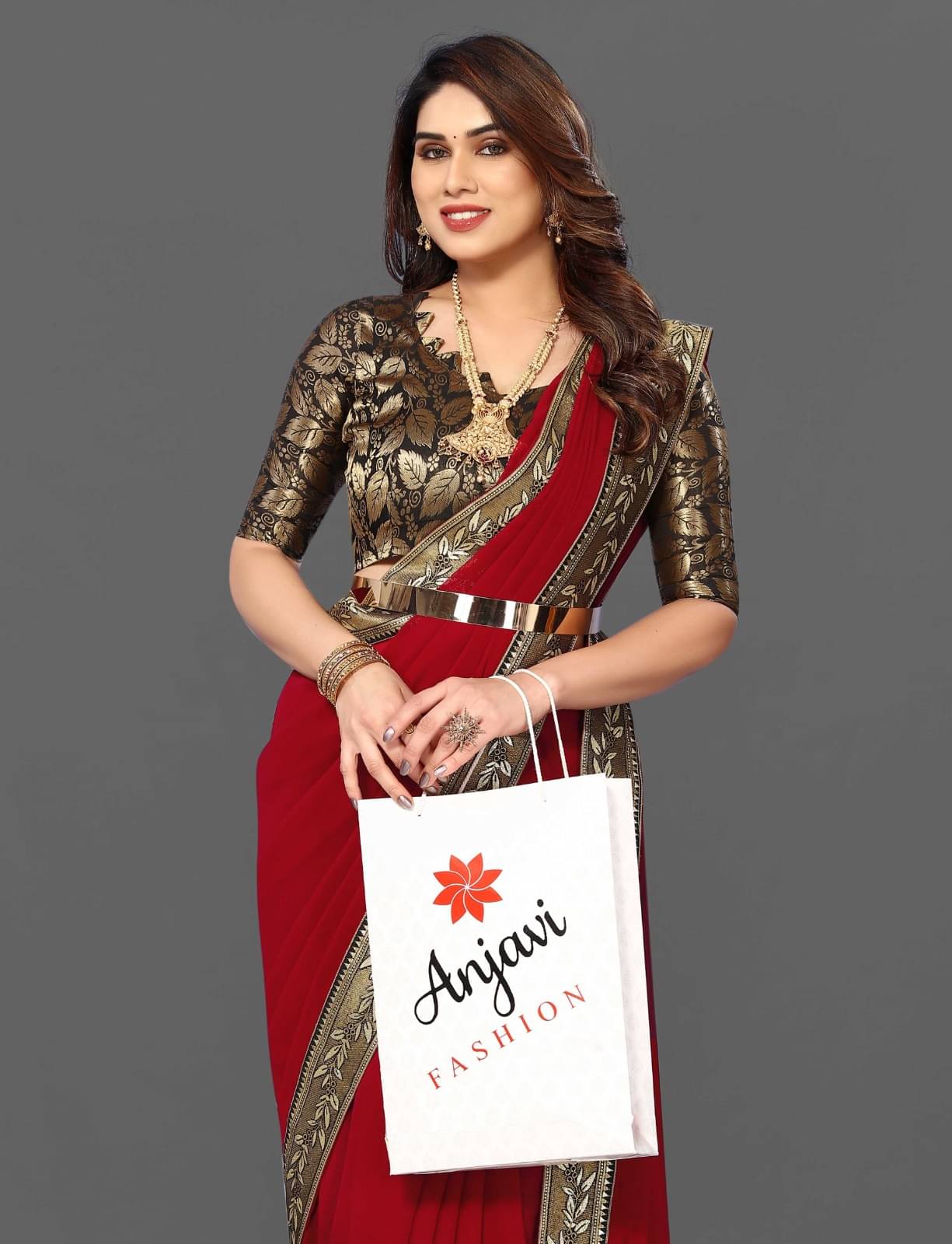     			DEBRIS FAB Georgette Embroidered Saree With Unstitched Blouse Piece ( Maroon )