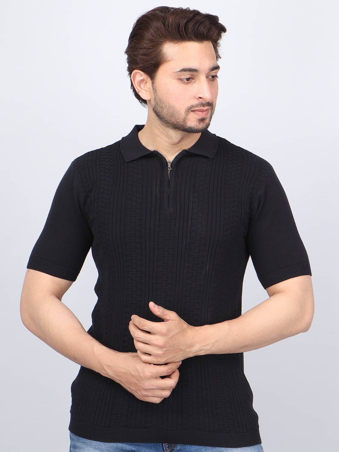     			FEVERFEW Men Cotton Regular Fit Self Design Polo T Shirt ( Black )