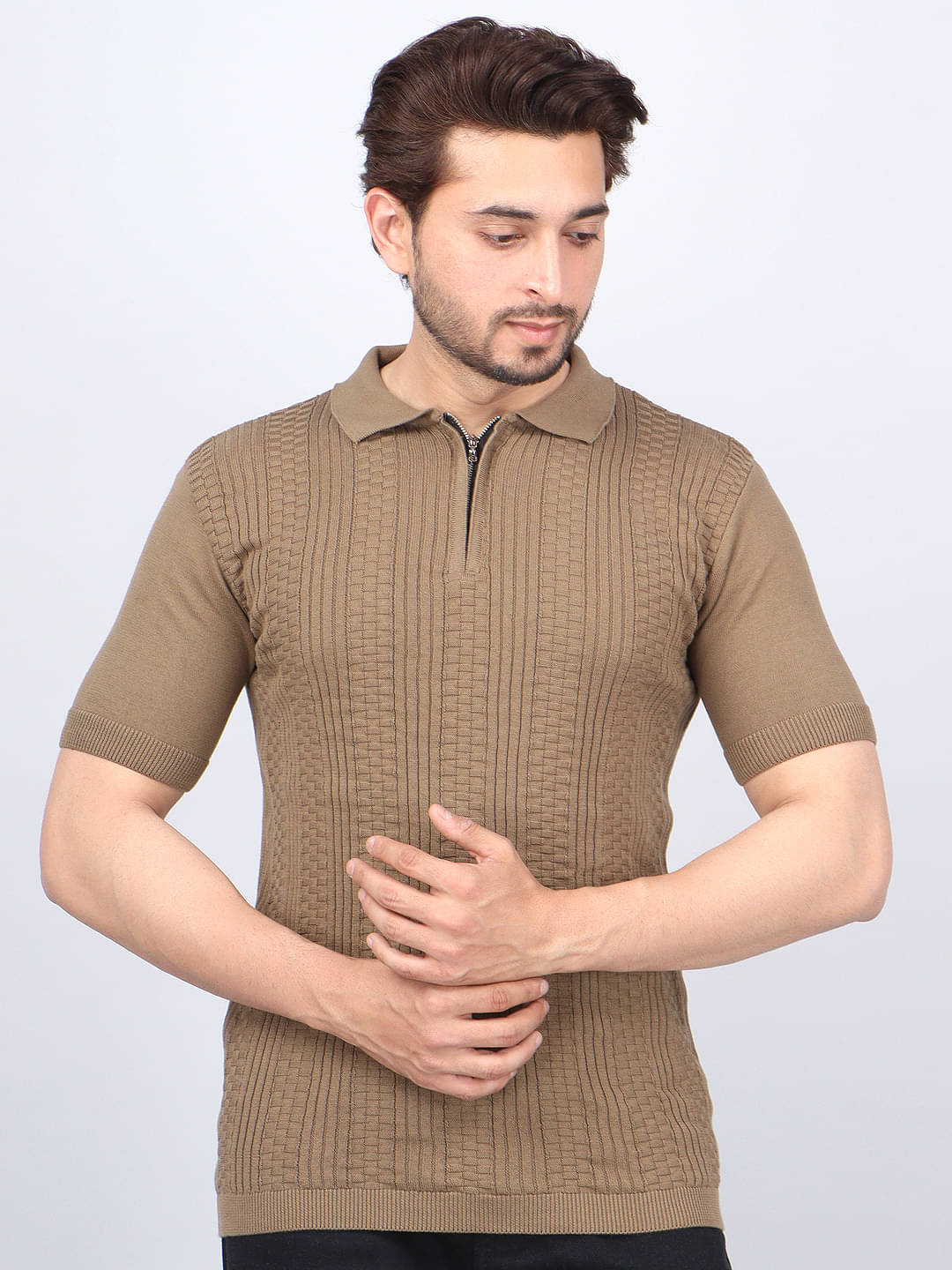    			FEVERFEW Men Cotton Regular Fit Self Design Polo T Shirt ( Camel )