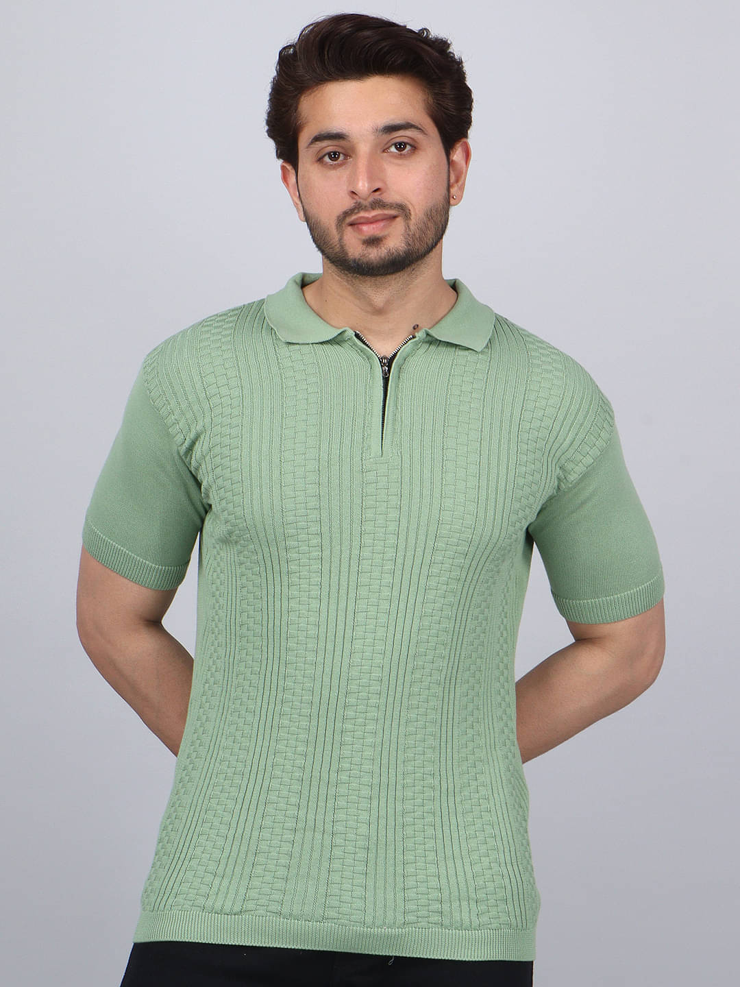     			FEVERFEW Men Cotton Regular Fit Self Design Polo T Shirt ( Light Green )