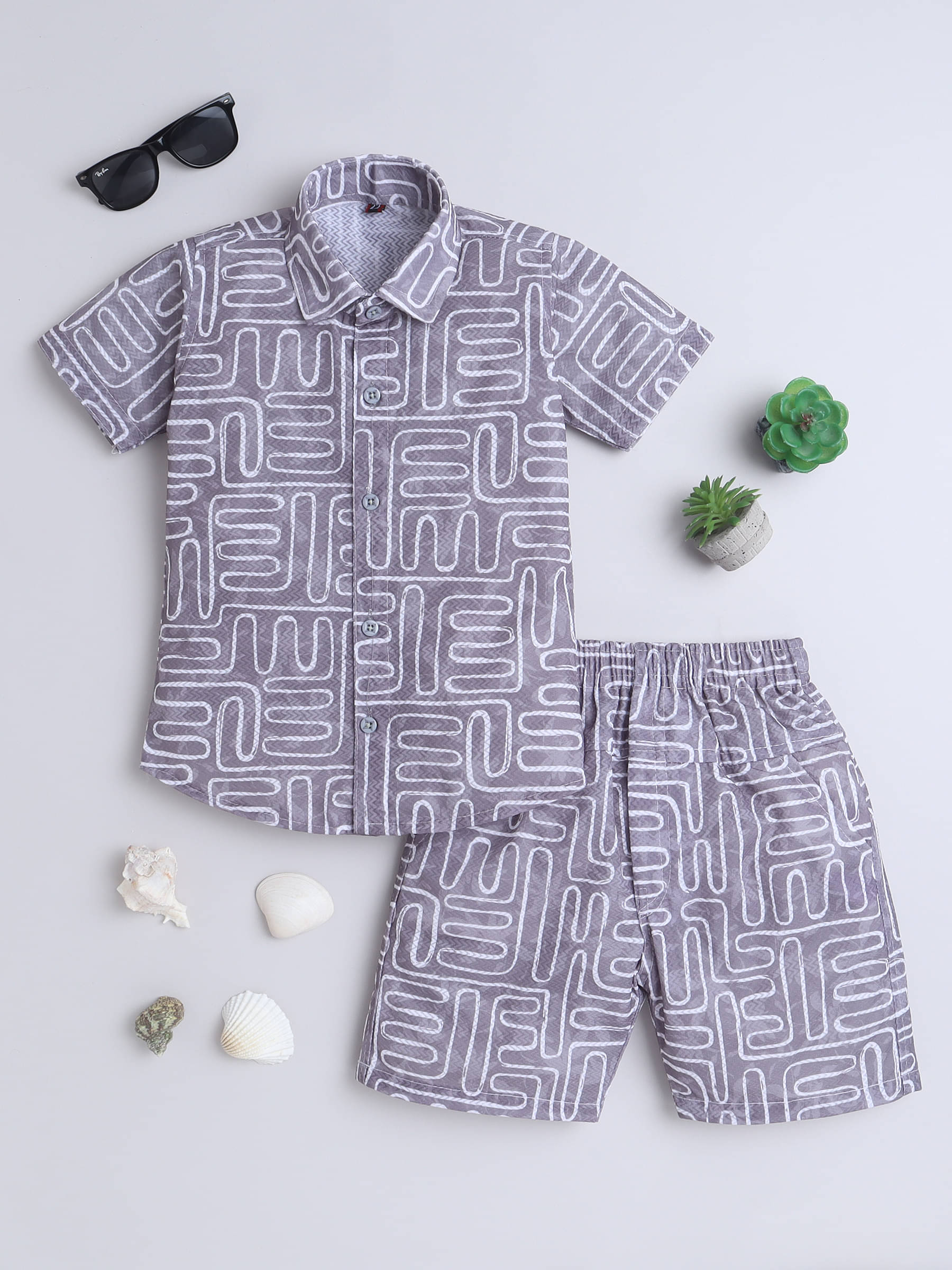     			Fourfolds Pack of 1 Boys Cotton Blend Shirt & Shorts Set ( Grey )