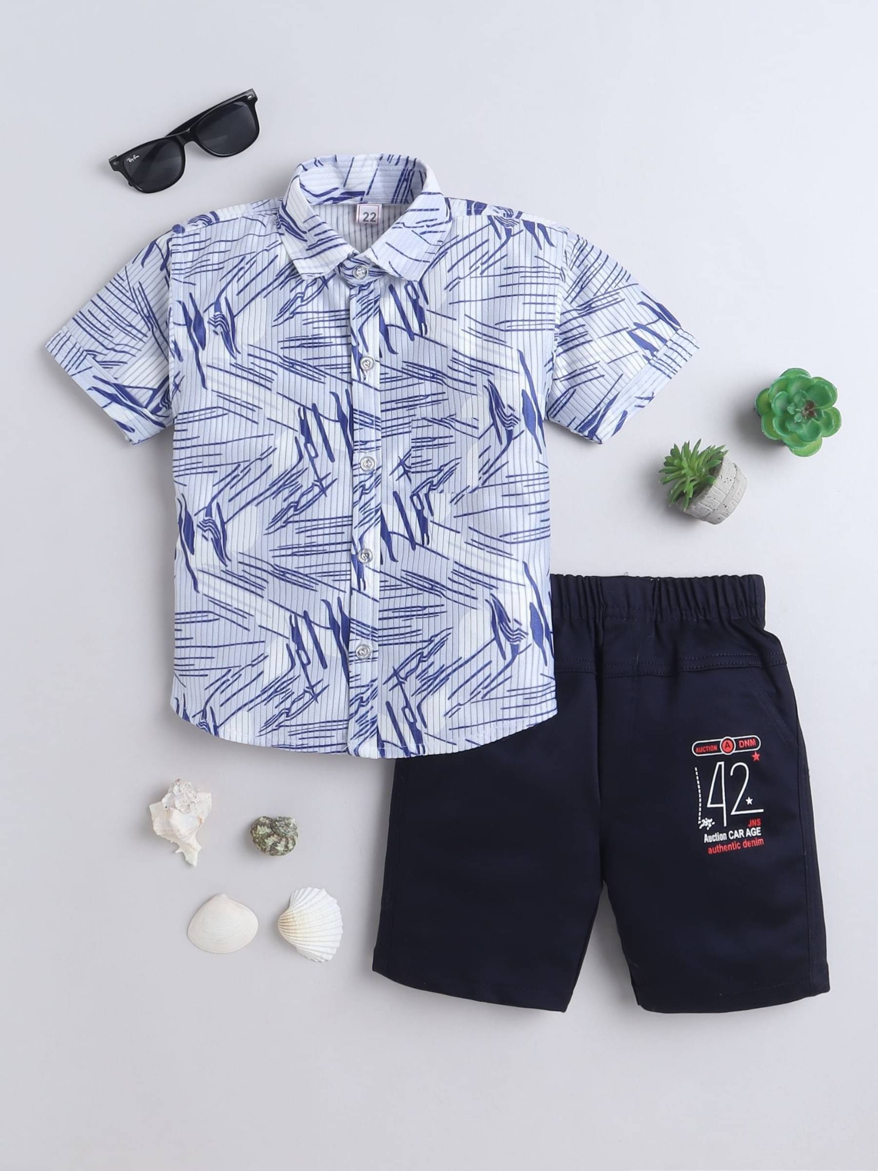     			Fourfolds Pack of 1 Boys Cotton Blend Shirt & Shorts Set ( Blue )