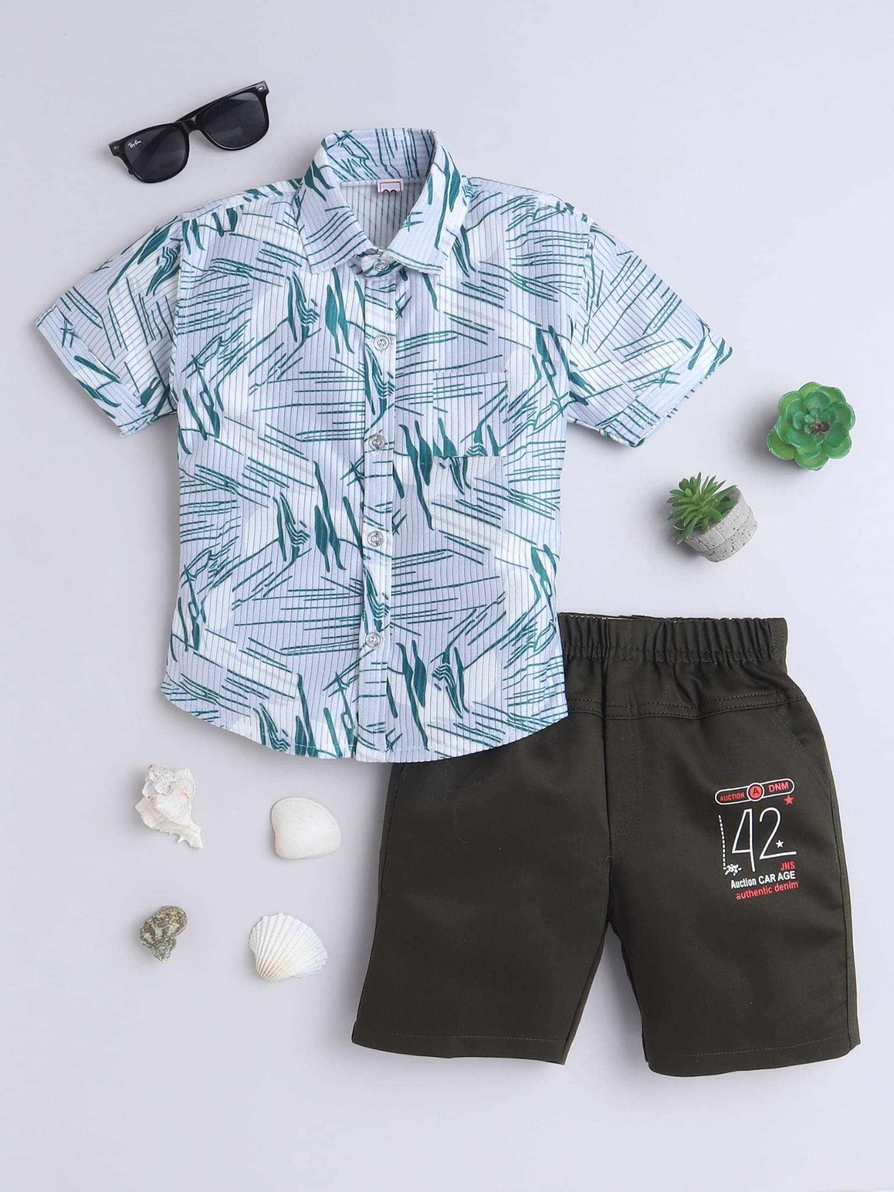 Fourfolds Pack of 1 Boys Cotton Blend Shirt & Shorts Set ( Green ) Fourfolds Pack of 1 Boys Cotton Blend Shirt & Shorts Set ( Green )