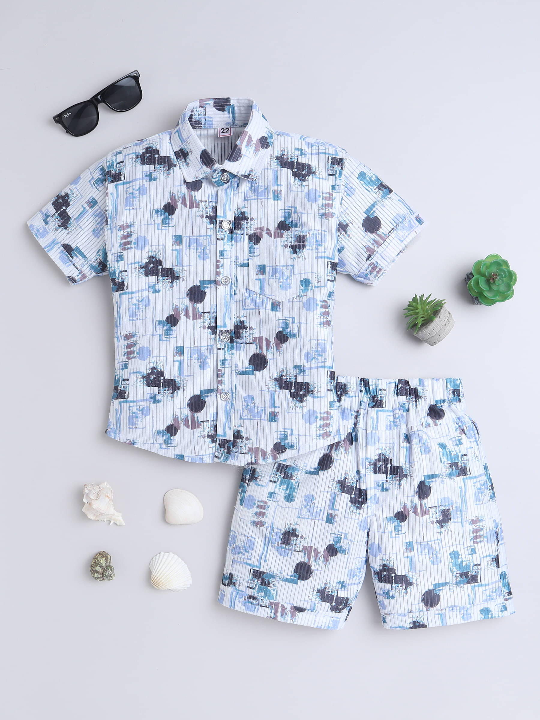     			Fourfolds Pack of 1 Boys Cotton Blend Shirt & Shorts Set ( Blue )