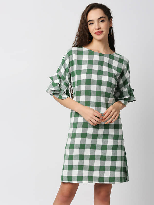 Mantra Fashion Women's Green Cotton Checks Shift Dress ( Pack of 1 )