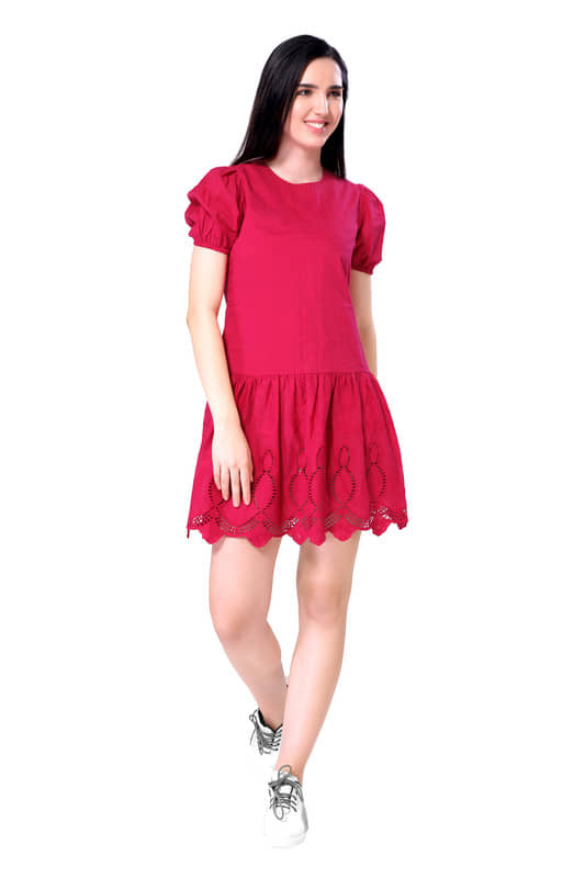 Mantra Fashion Women's Pink Solid Schiffli Fit and Flare Dress ( Pack of 1 )