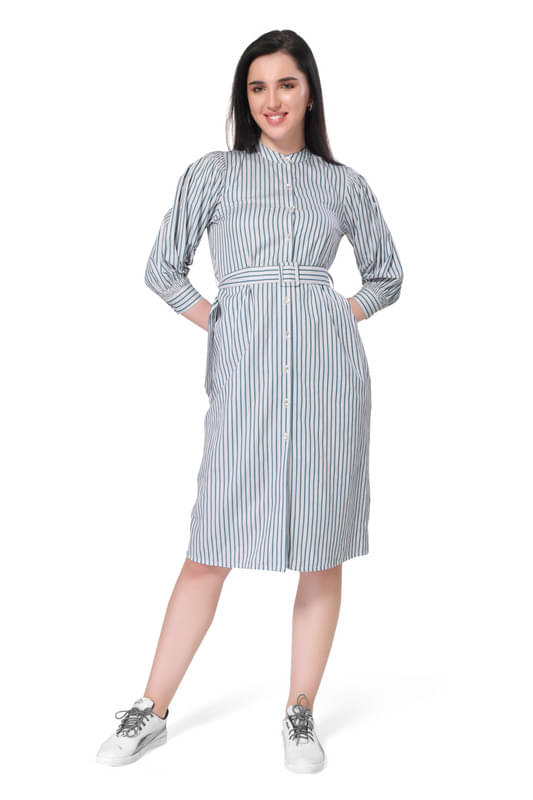     			Mantra Fashion Women's White Striped Cotton Belted Shirt Dress ( Pack of 1 )