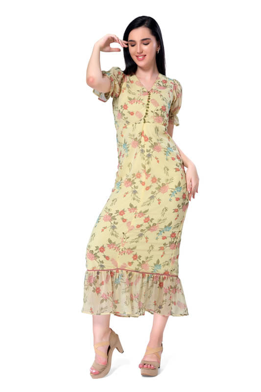     			Mantra Fashion Women's Yellow Floral Semi Sheer Midi Dress ( Pack of 1 )