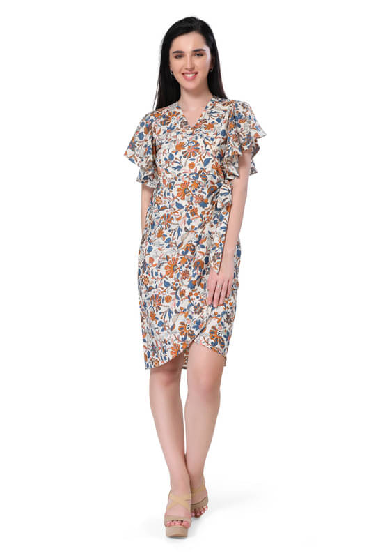     			Mantra Fashion Women's Cream Floral Wrap Dress ( Pack of 1 )