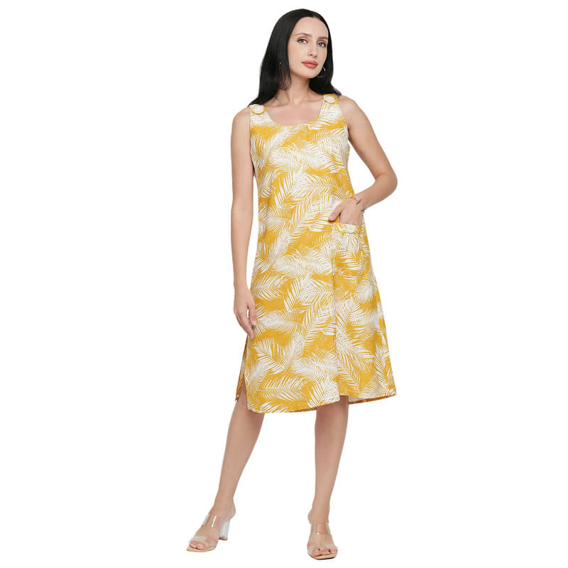     			Mantra Fashion Women's Yellow Printed Sleeveless A-line Knee Length Dress ( Pack of 1 )