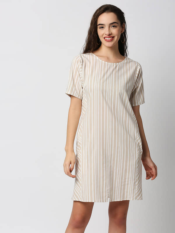 Mantra Fashion Women Polyester Striped A-line Dress ( Off White )