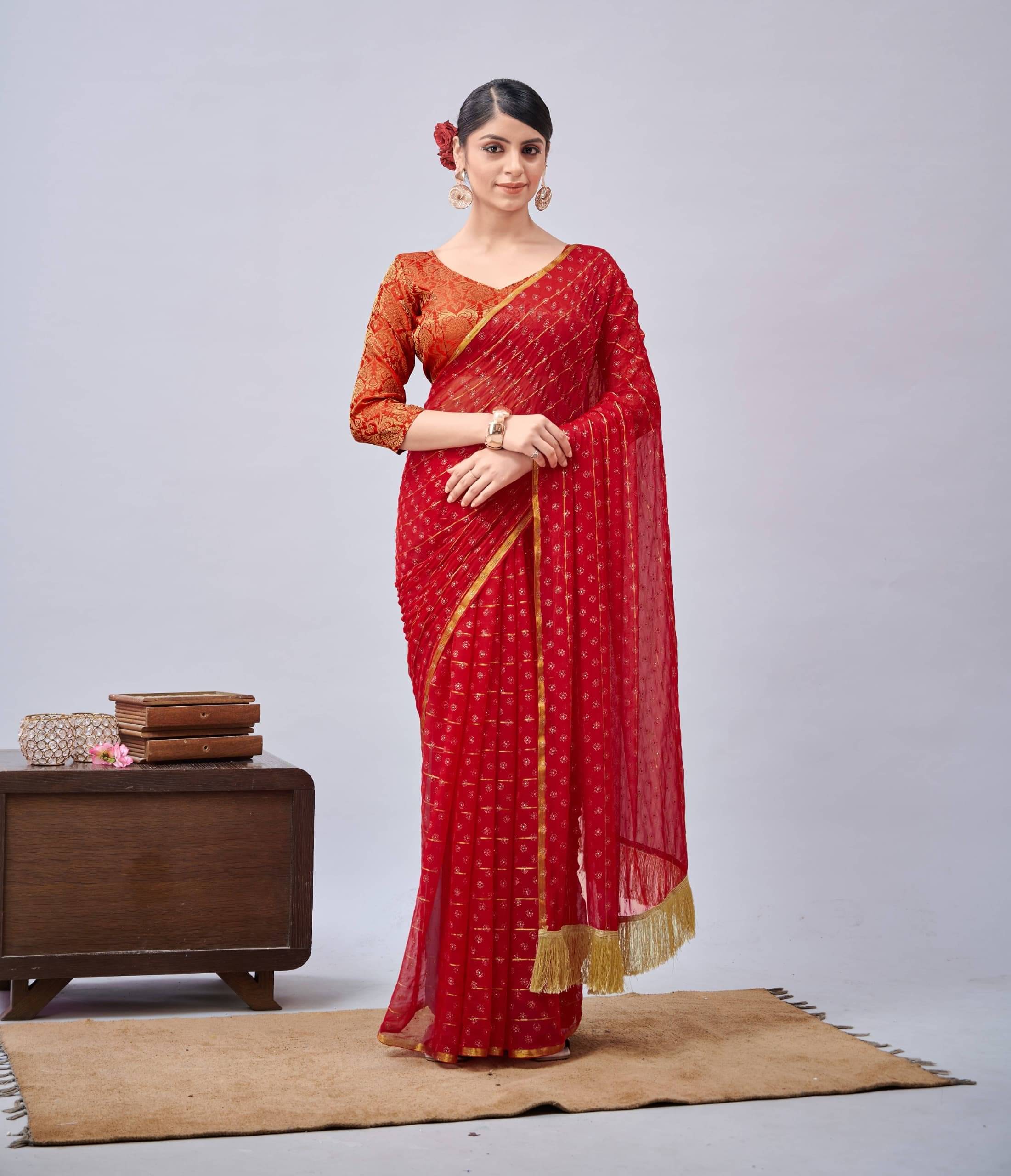 Parmila Fashion Chiffon Embellished Saree With Unstitched Blouse Piece ( Red )     			Parmila Fashion Chiffon Embellished Saree With Unstitched Blouse Piece ( Red )