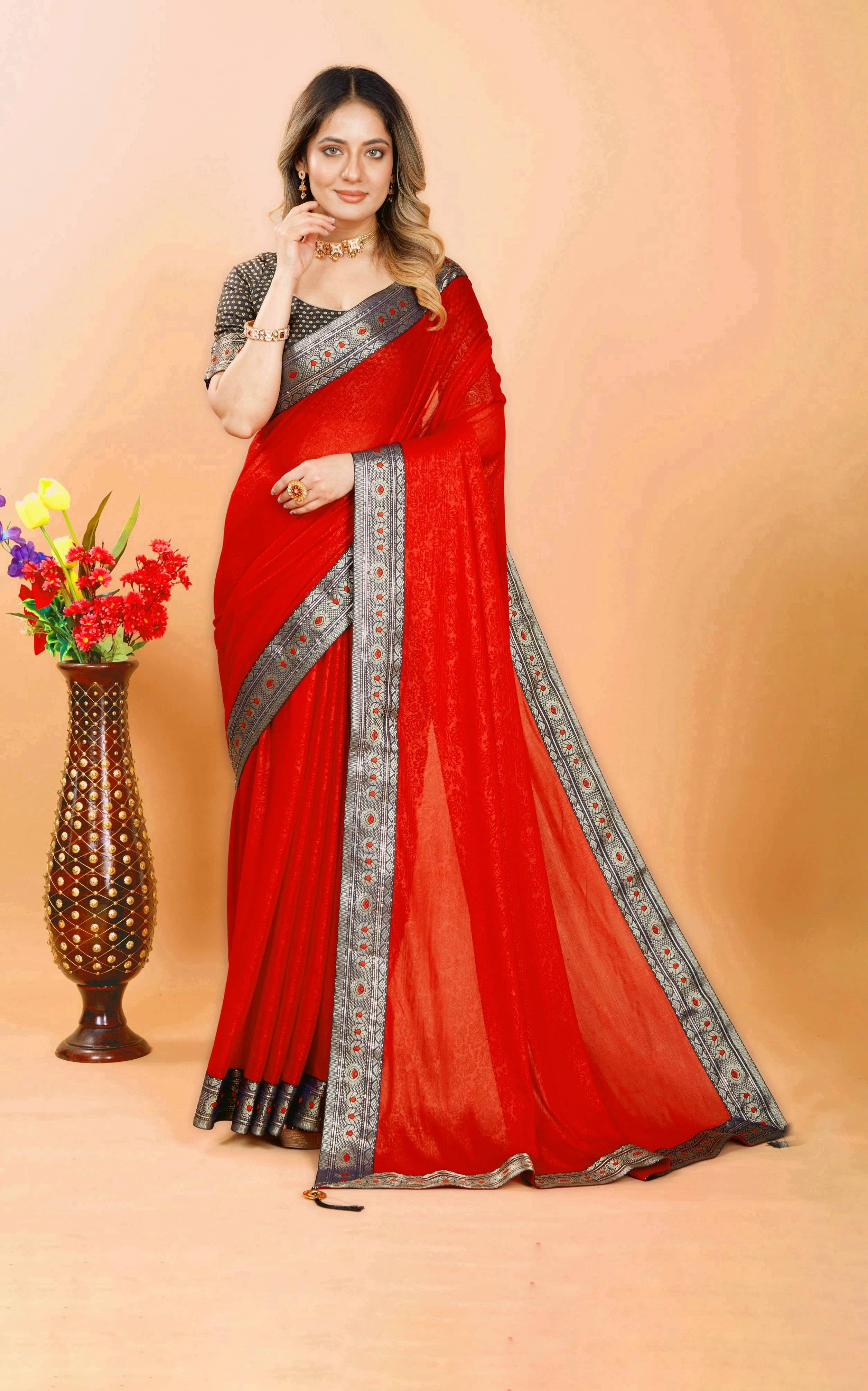     			Parmila Fashion Chiffon Embellished Saree With Unstitched Blouse Piece ( Red )
