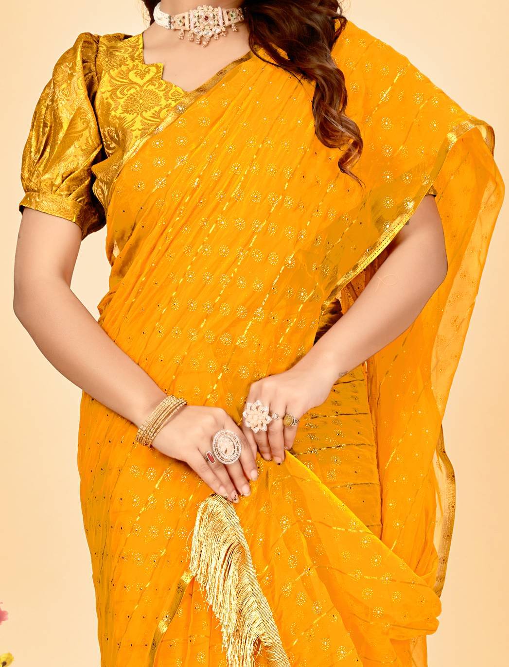 Parmila Fashion Chiffon Embellished Saree With Unstitched Blouse Piece ( Gold ) Parmila Fashion Chiffon Embellished Saree With Unstitched Blouse Piece ( Gold )