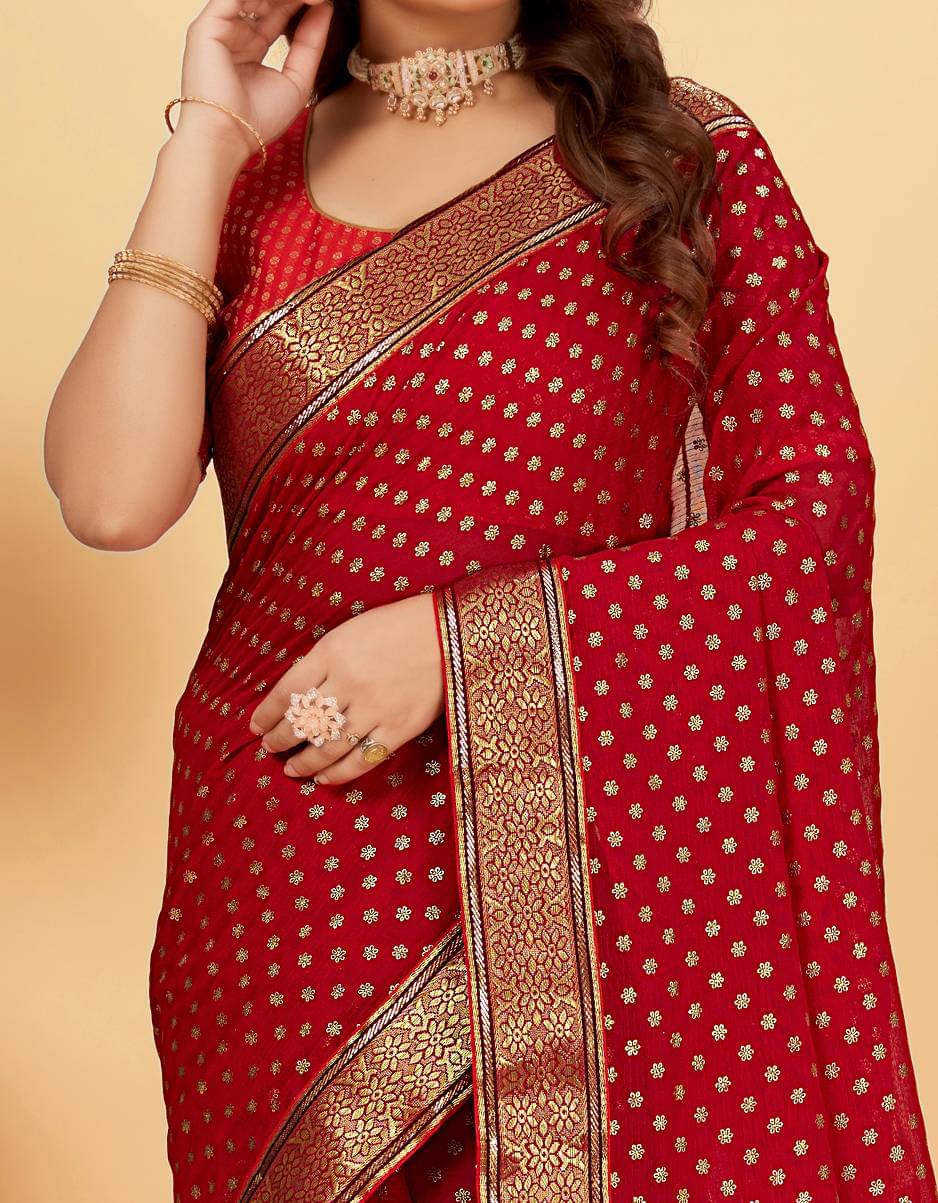     			Parmila Fashion Chiffon Embellished Saree With Unstitched Blouse Piece ( Red )
