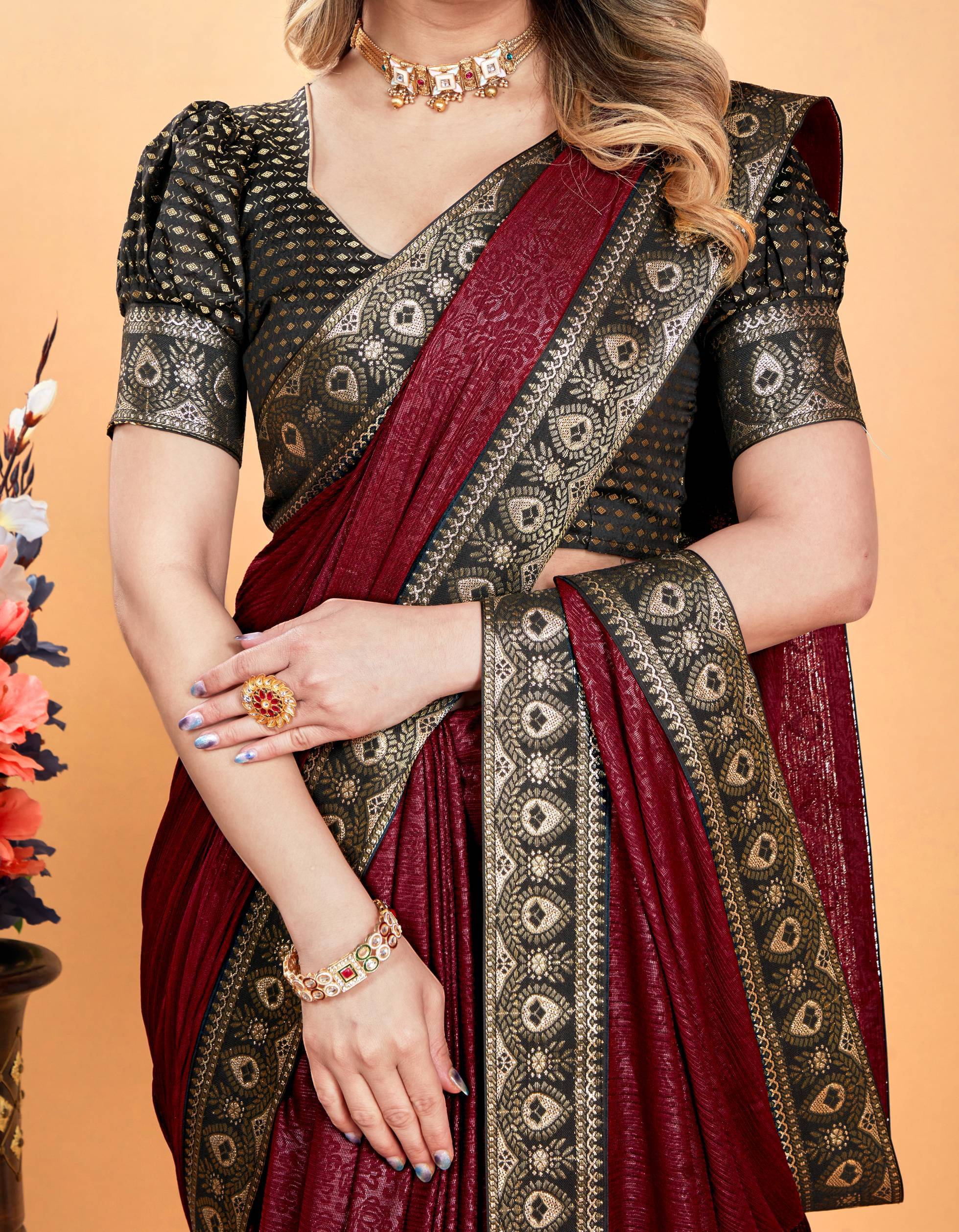     			Parmila Fashion Chiffon Embellished Saree With Unstitched Blouse Piece ( Brown )