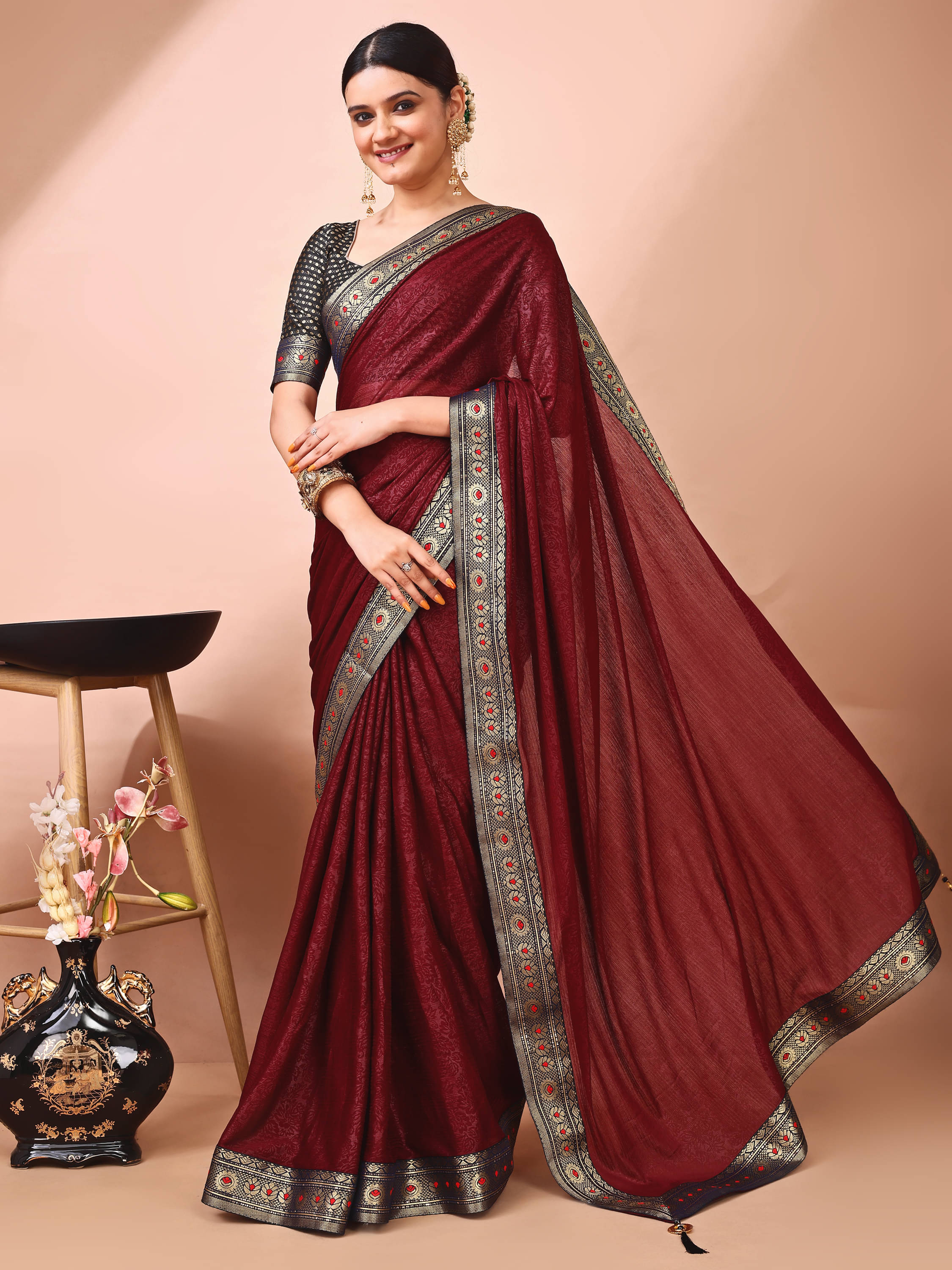 Parmila Fashion Chiffon Embellished Saree With Unstitched Blouse Piece ( Brown ) Parmila Fashion Chiffon Embellished Saree With Unstitched Blouse Piece ( Brown )