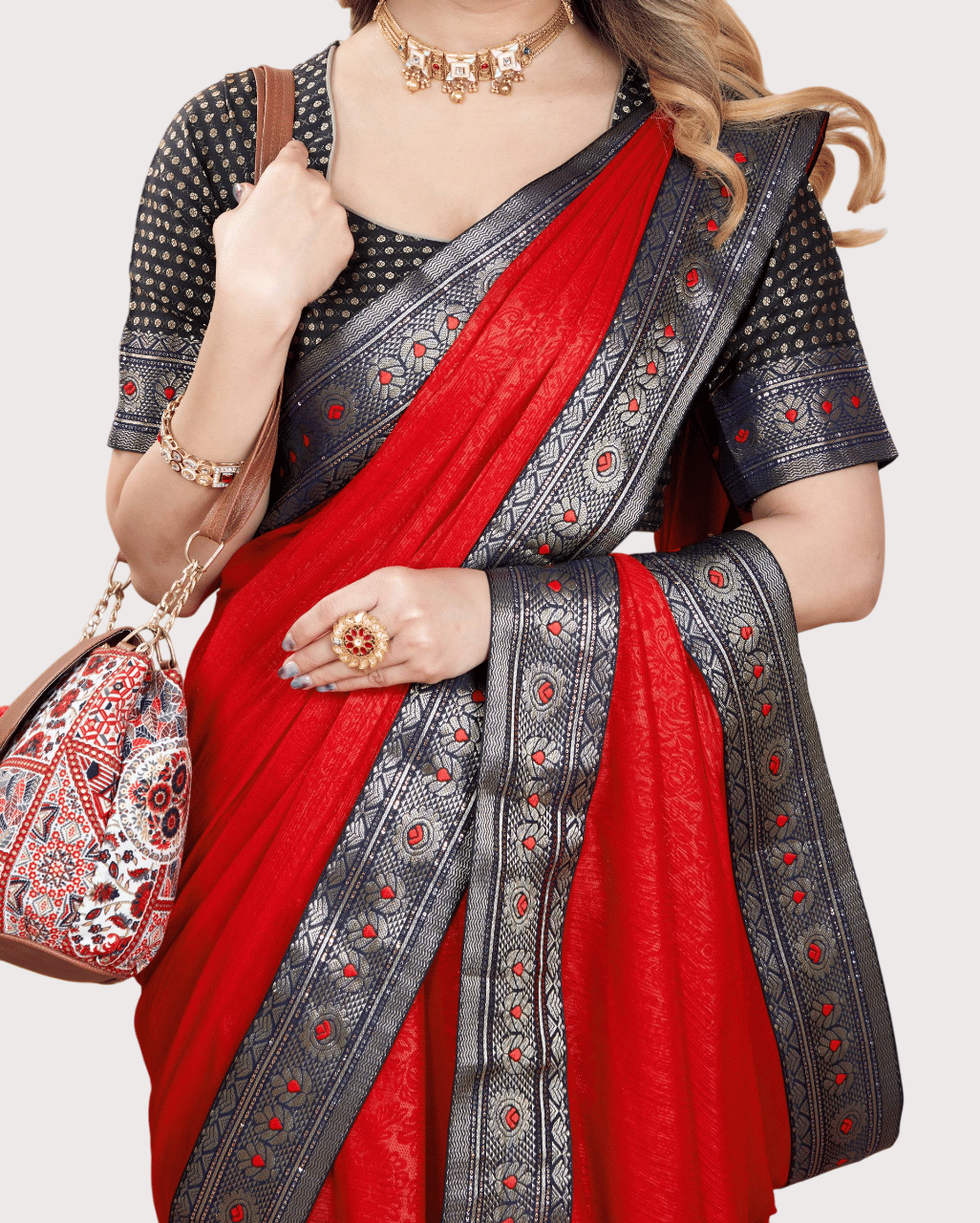     			Parmila Fashion Chiffon Embellished Saree With Unstitched Blouse Piece ( Red )