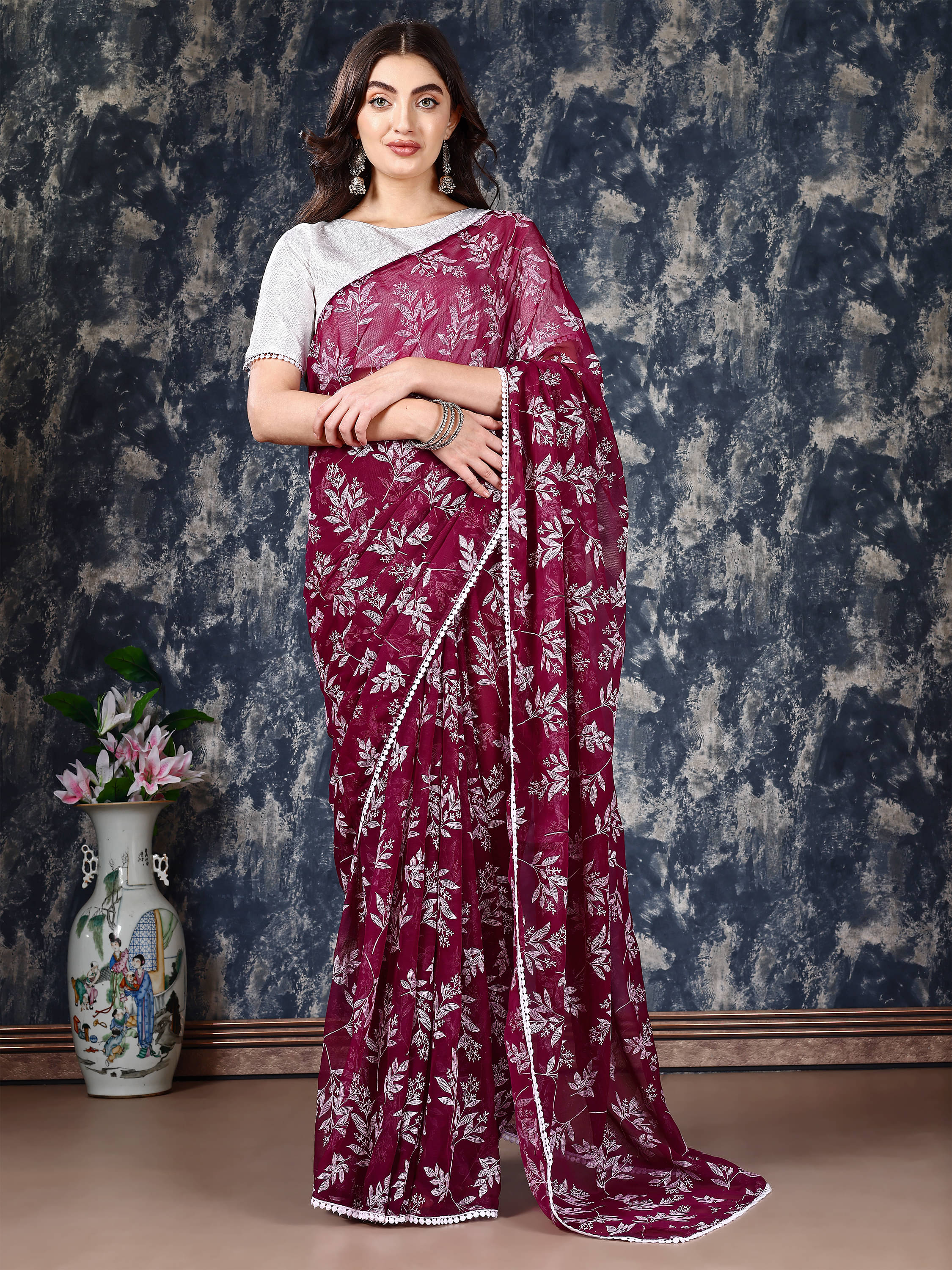     			Parmila Fashion Chiffon Embellished Saree With Unstitched Blouse Piece ( Purple )