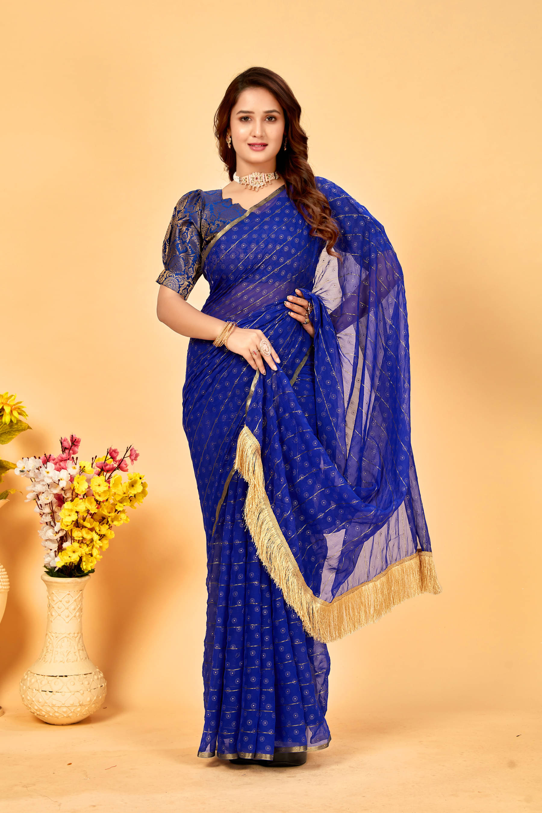 Parmila Fashion Chiffon Embellished Saree With Unstitched Blouse Piece ( Blue )     			Parmila Fashion Chiffon Embellished Saree With Unstitched Blouse Piece ( Blue )