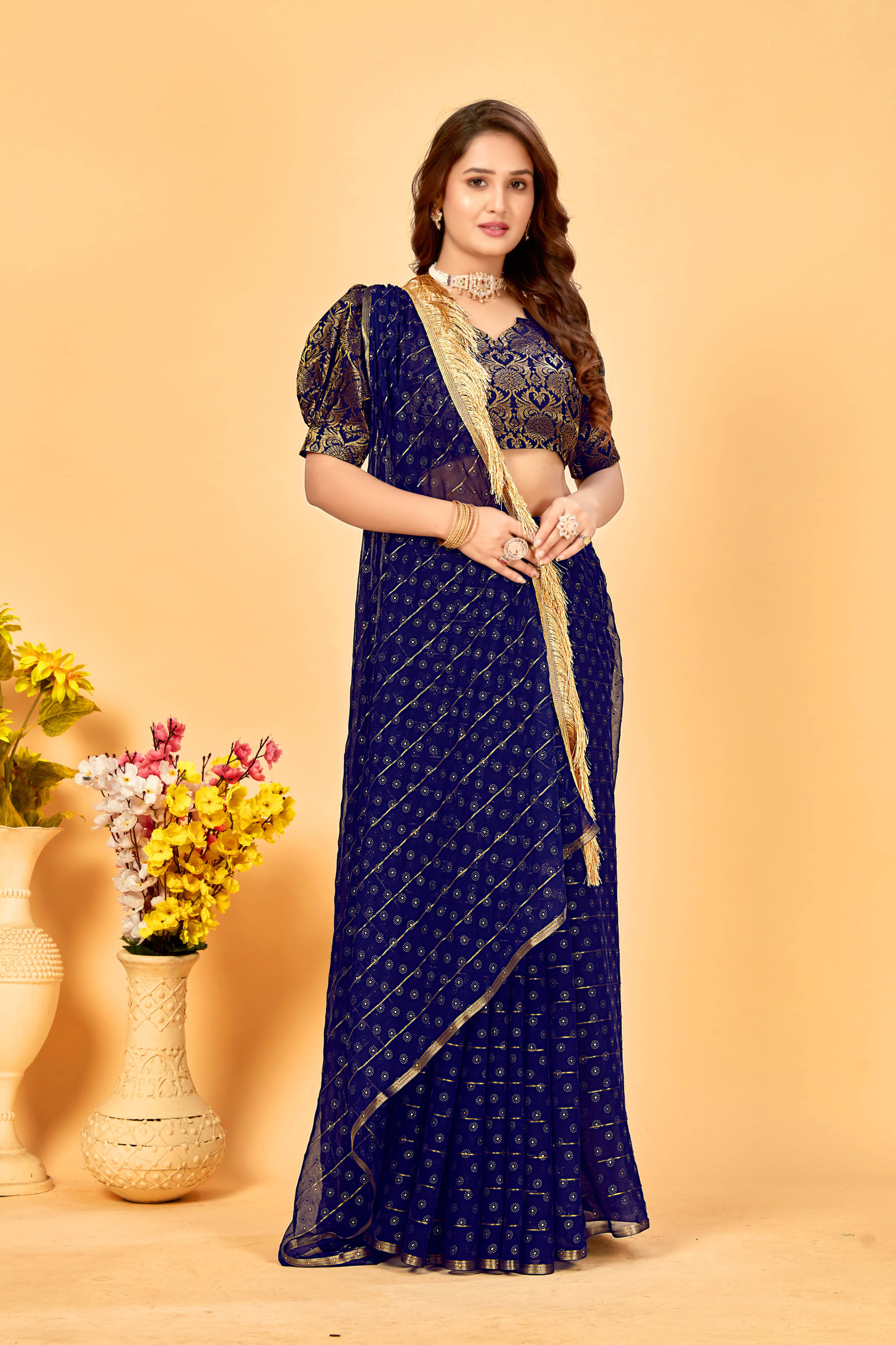     			Parmila Fashion Chiffon Embellished Saree With Unstitched Blouse Piece ( Navy Blue )