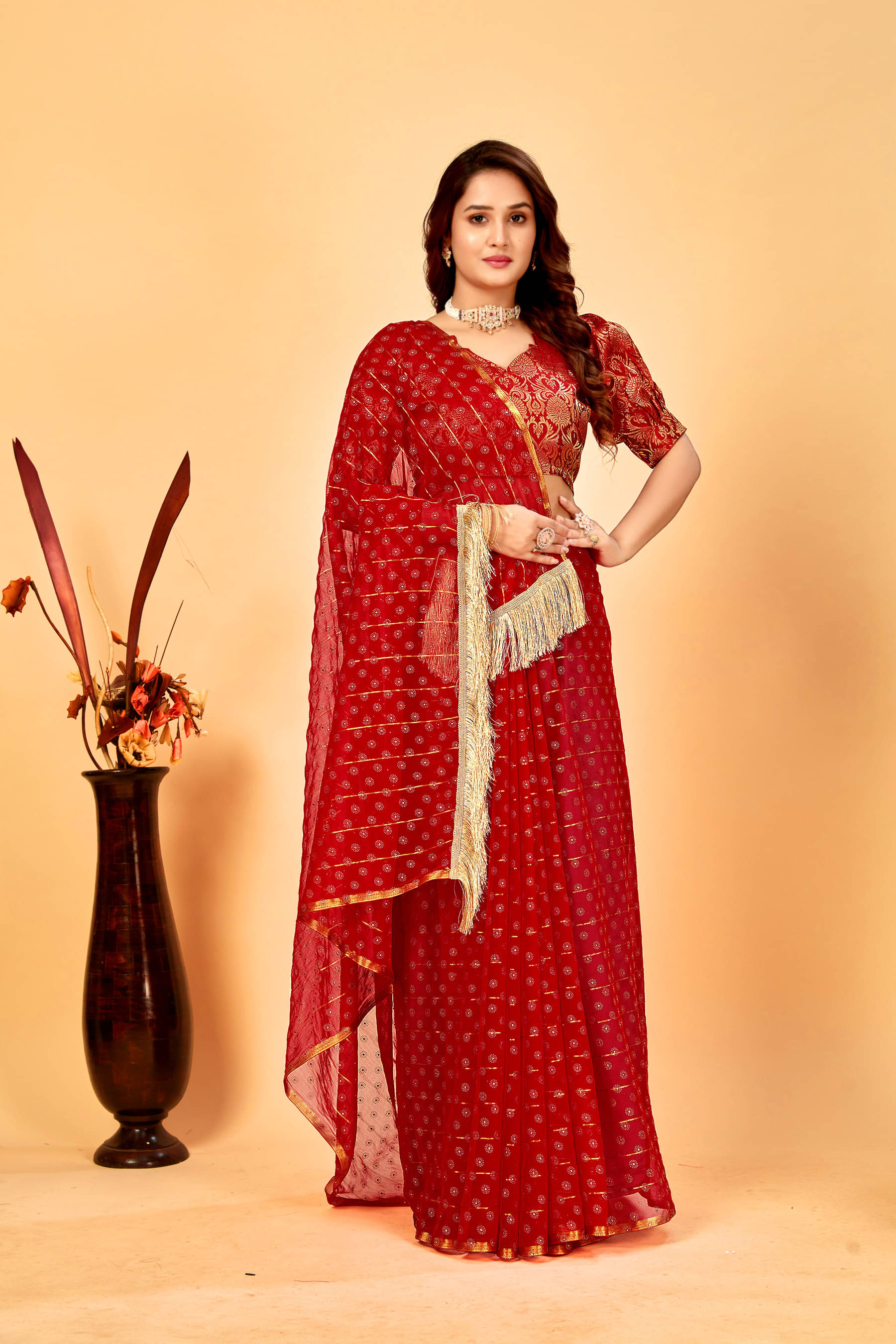 Parmila Fashion Chiffon Embellished Saree With Unstitched Blouse Piece ( Red ) Parmila Fashion Chiffon Embellished Saree With Unstitched Blouse Piece ( Red )