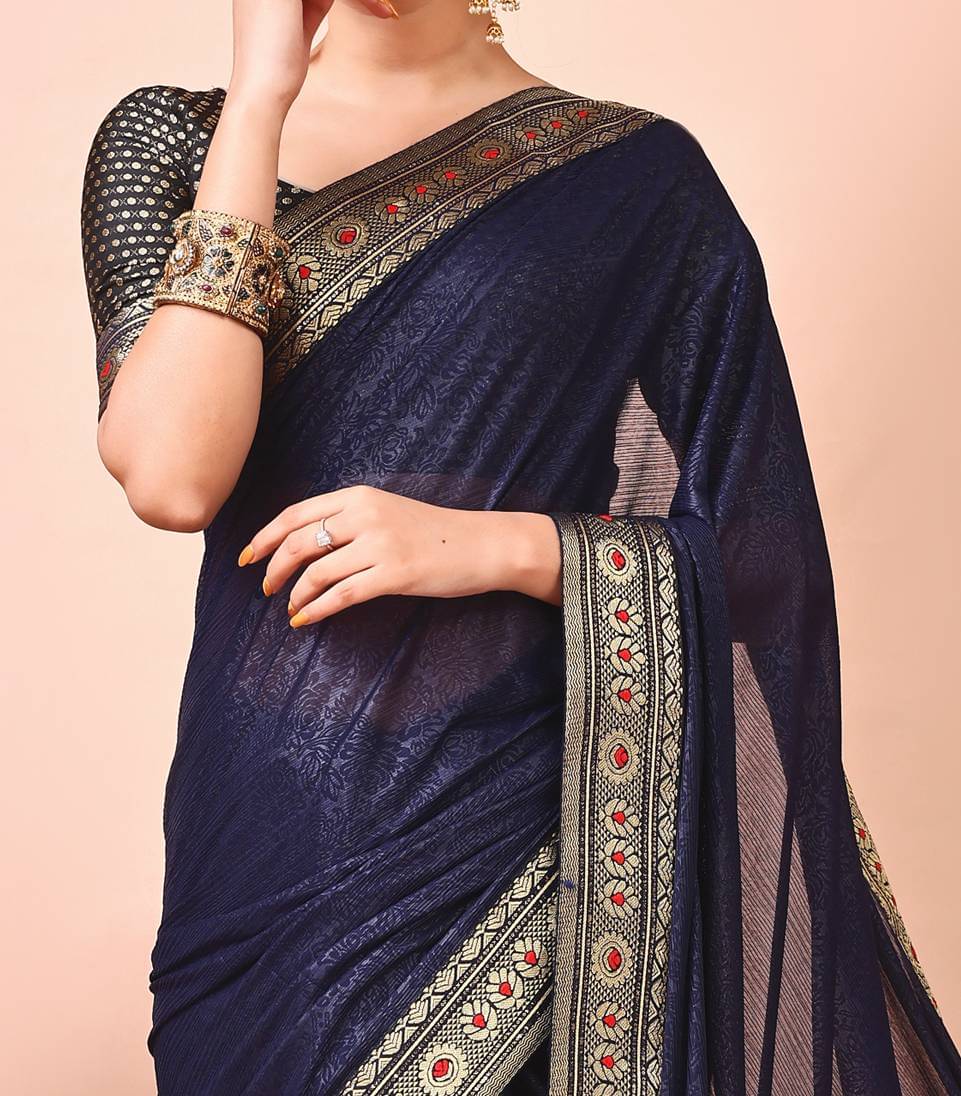 Parmila Fashion Chiffon Embellished Saree With Unstitched Blouse Piece ( Navy Blue ) Parmila Fashion Chiffon Embellished Saree With Unstitched Blouse Piece ( Navy Blue )