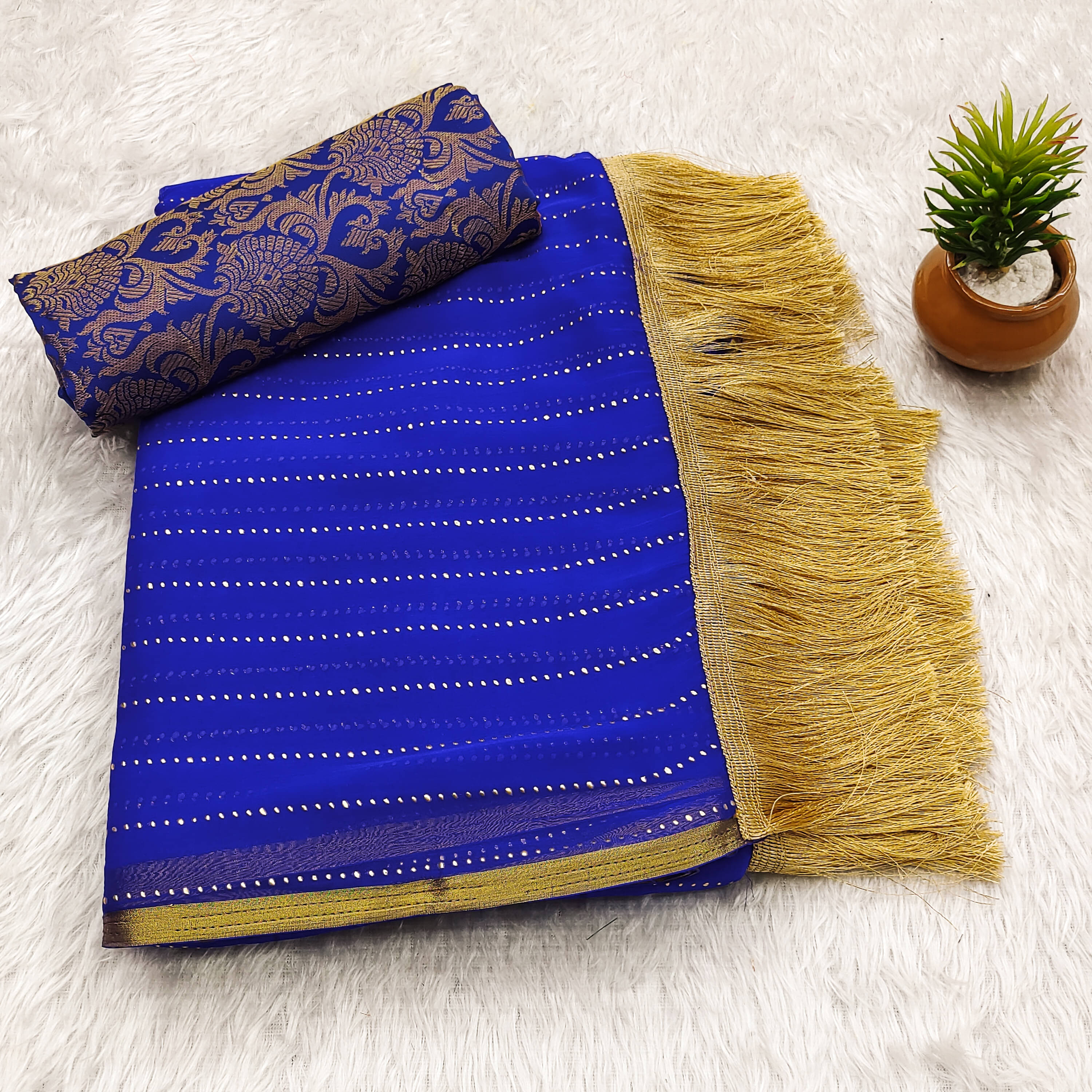     			Parmila Fashion Chiffon Embellished Saree With Unstitched Blouse Piece ( Blue )