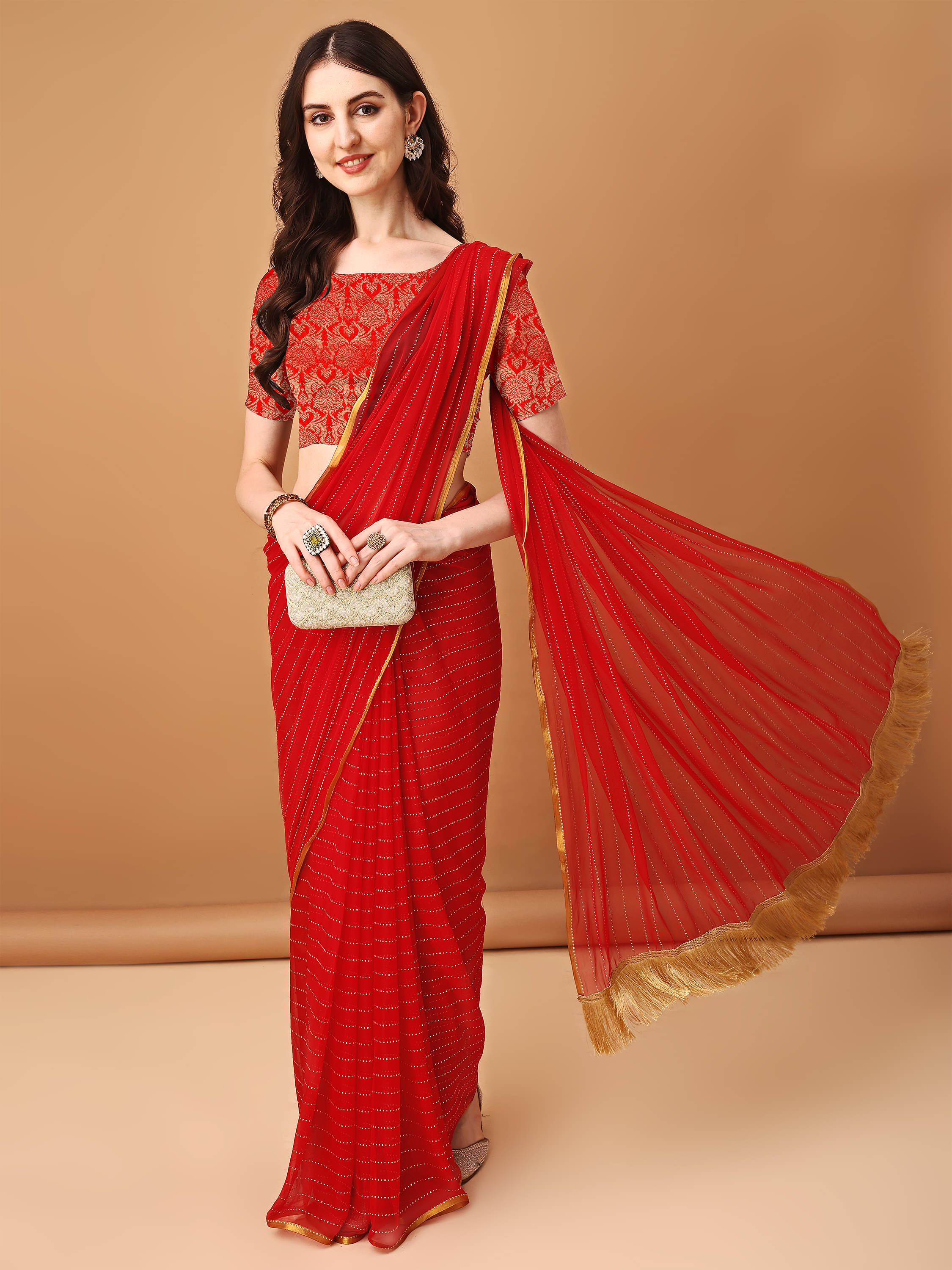     			Parmila Fashion Chiffon Embellished Saree With Unstitched Blouse Piece ( Red )