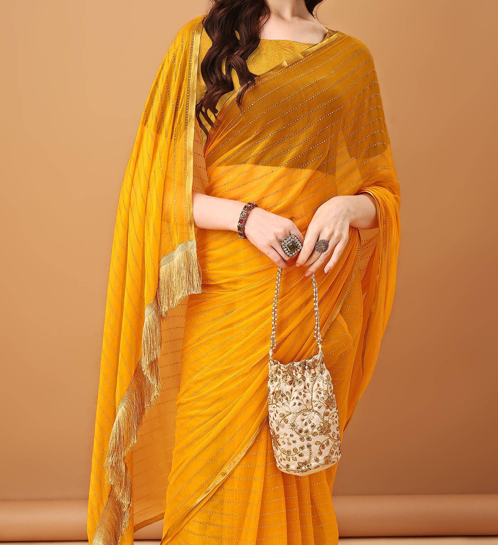     			Parmila Fashion Chiffon Embellished Saree With Unstitched Blouse Piece ( Gold )